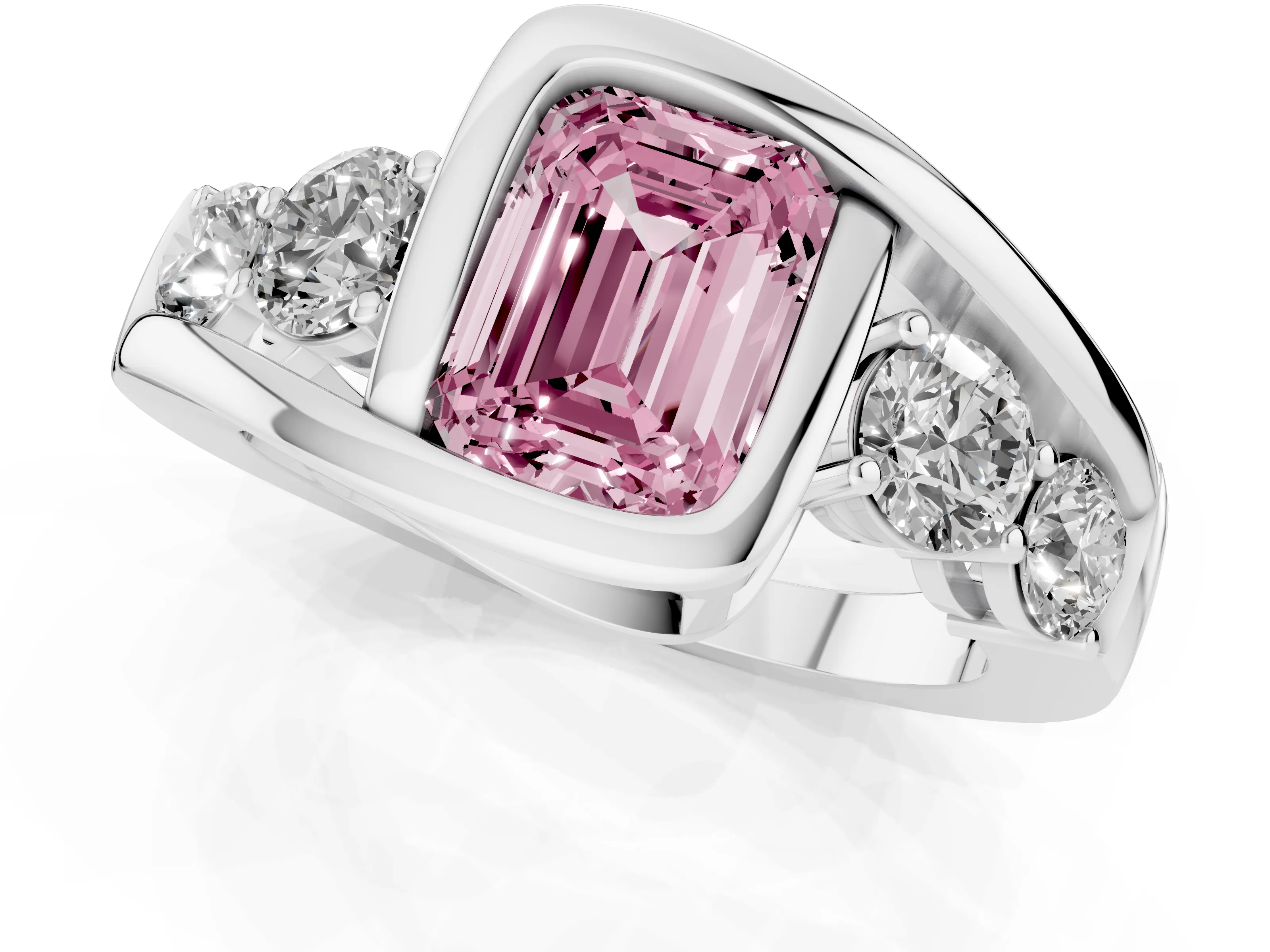 Fancy Pink Emerald Cut Diamond Bezel Bypass Ring Set in Silver with Round Accents