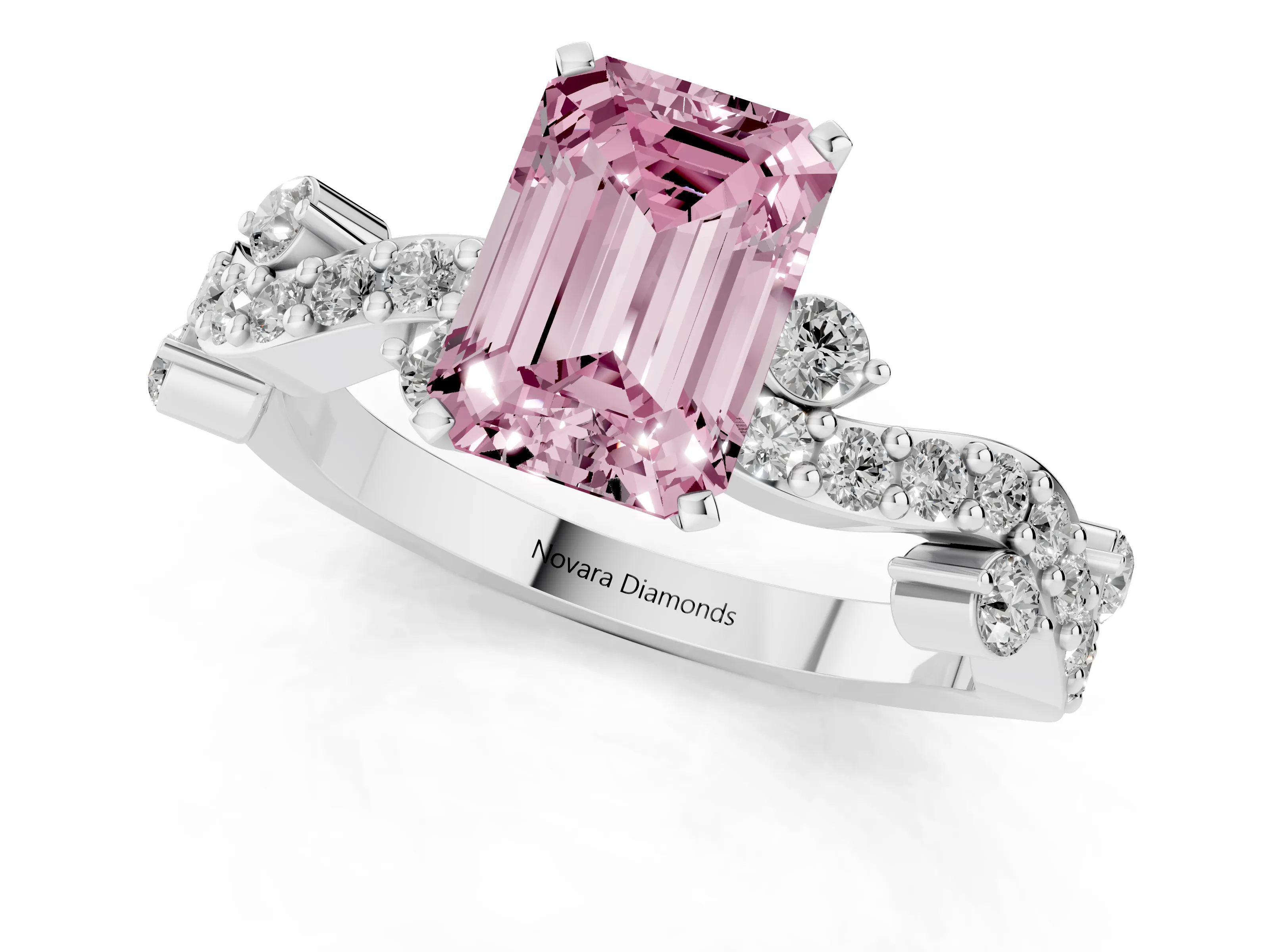 Fancy Pink Emerald Cut Diamond Solitaire Twisted Band Set in Silver with Pavé Setting