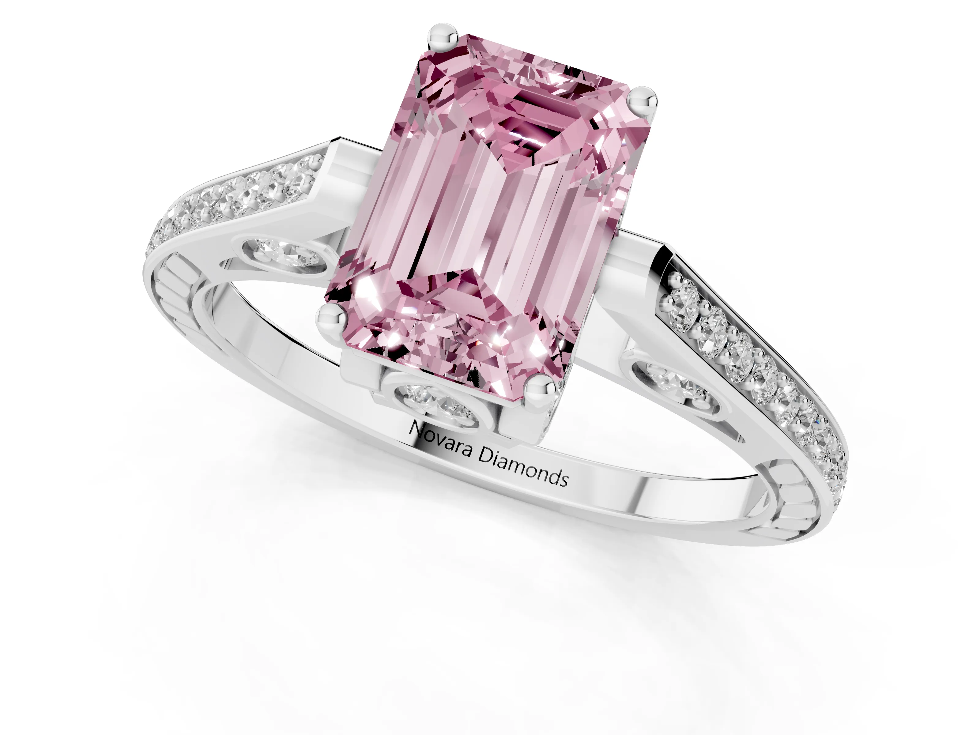 Fancy Pink Emerald Cut Diamond Cathedral Pavé Engagement Ring Set in Silver with Prong Setting