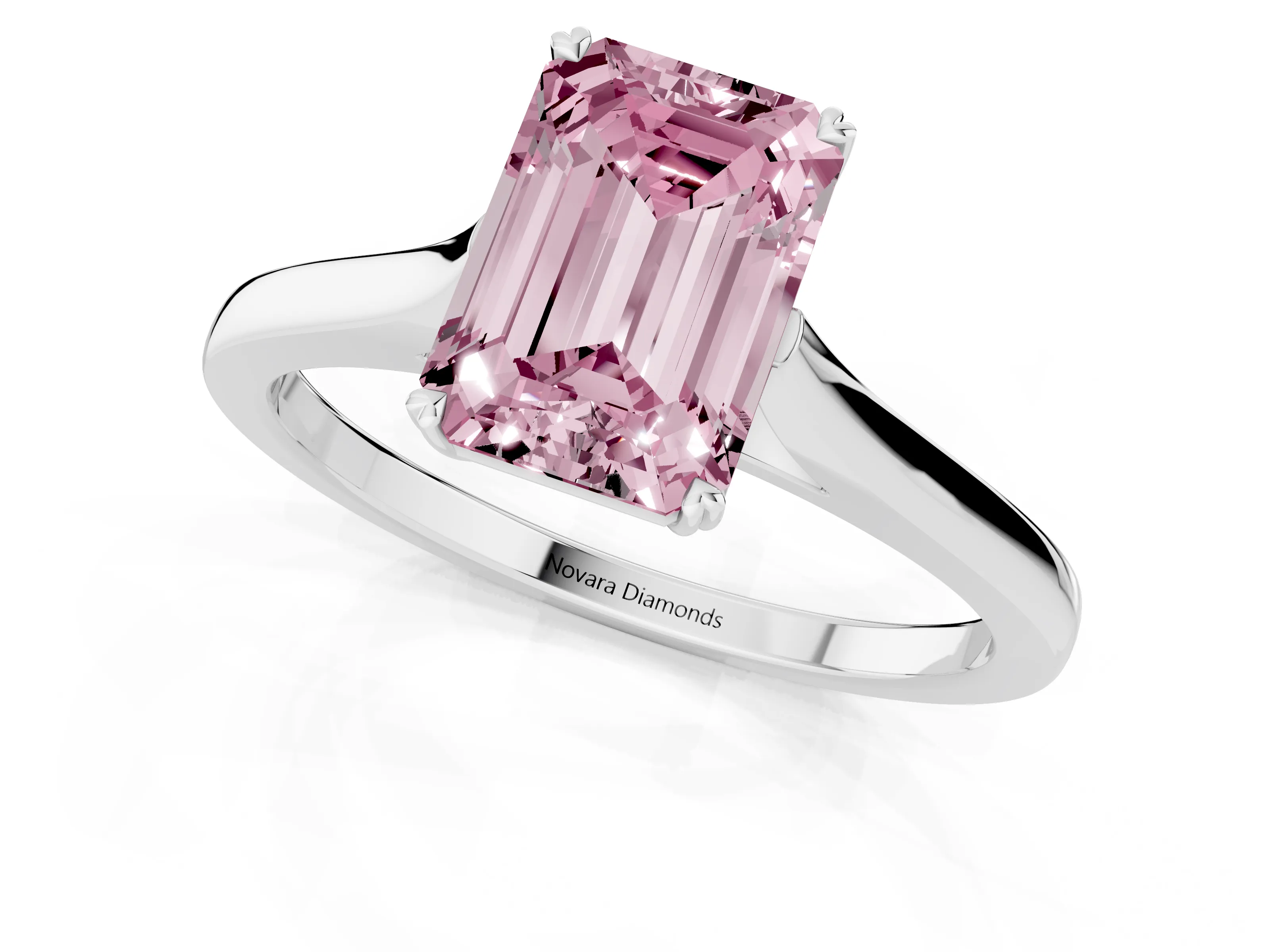 Fancy Pink Emerald Cut Diamond Solitaire Heart Prong Engagement Ring Set in Platinum with Tapered Band