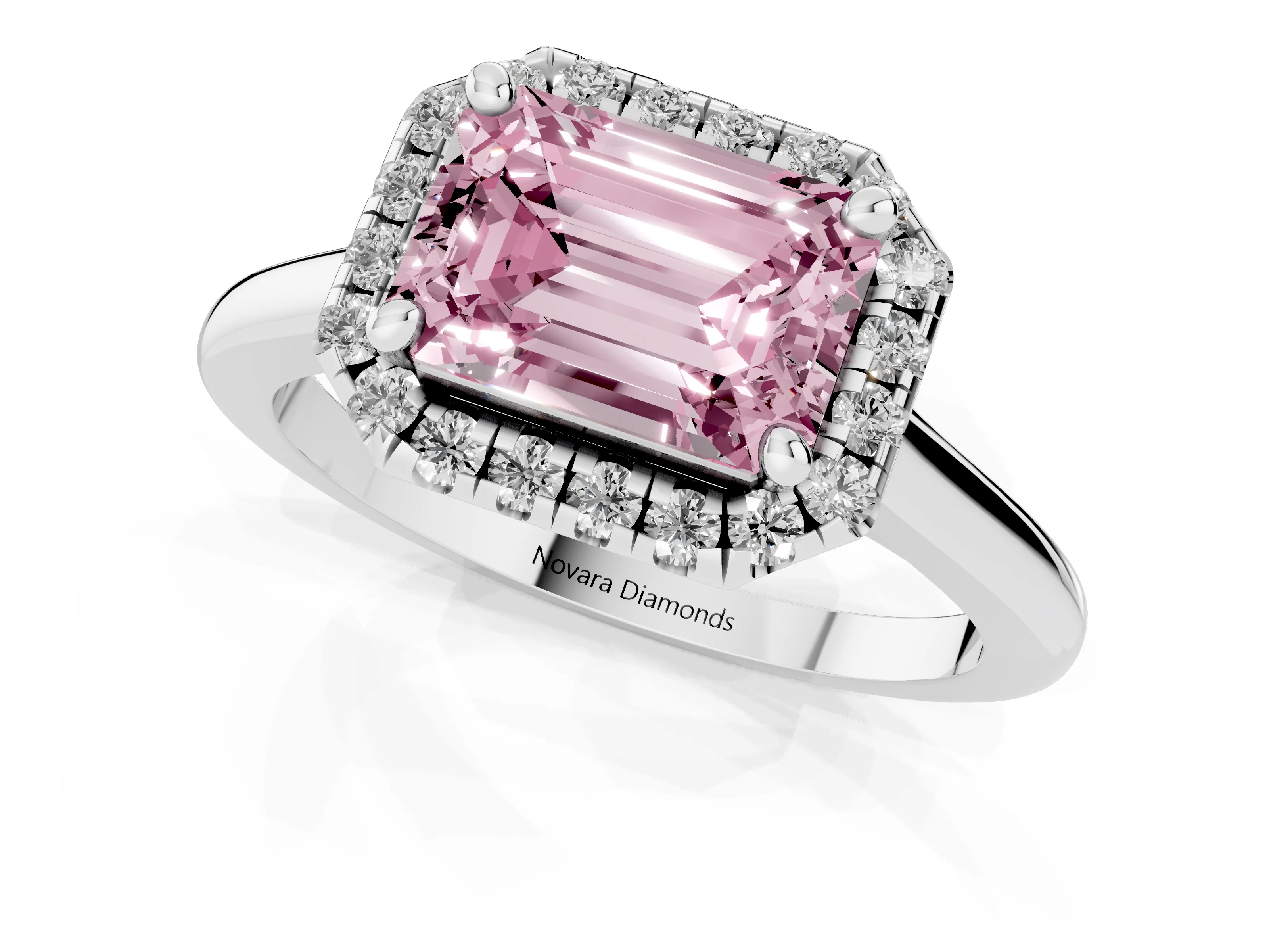 Fancy Pink Emerald Cut Diamond Halo Engagement Ring Set in White gold with Pavé Band and Rising Shoulders