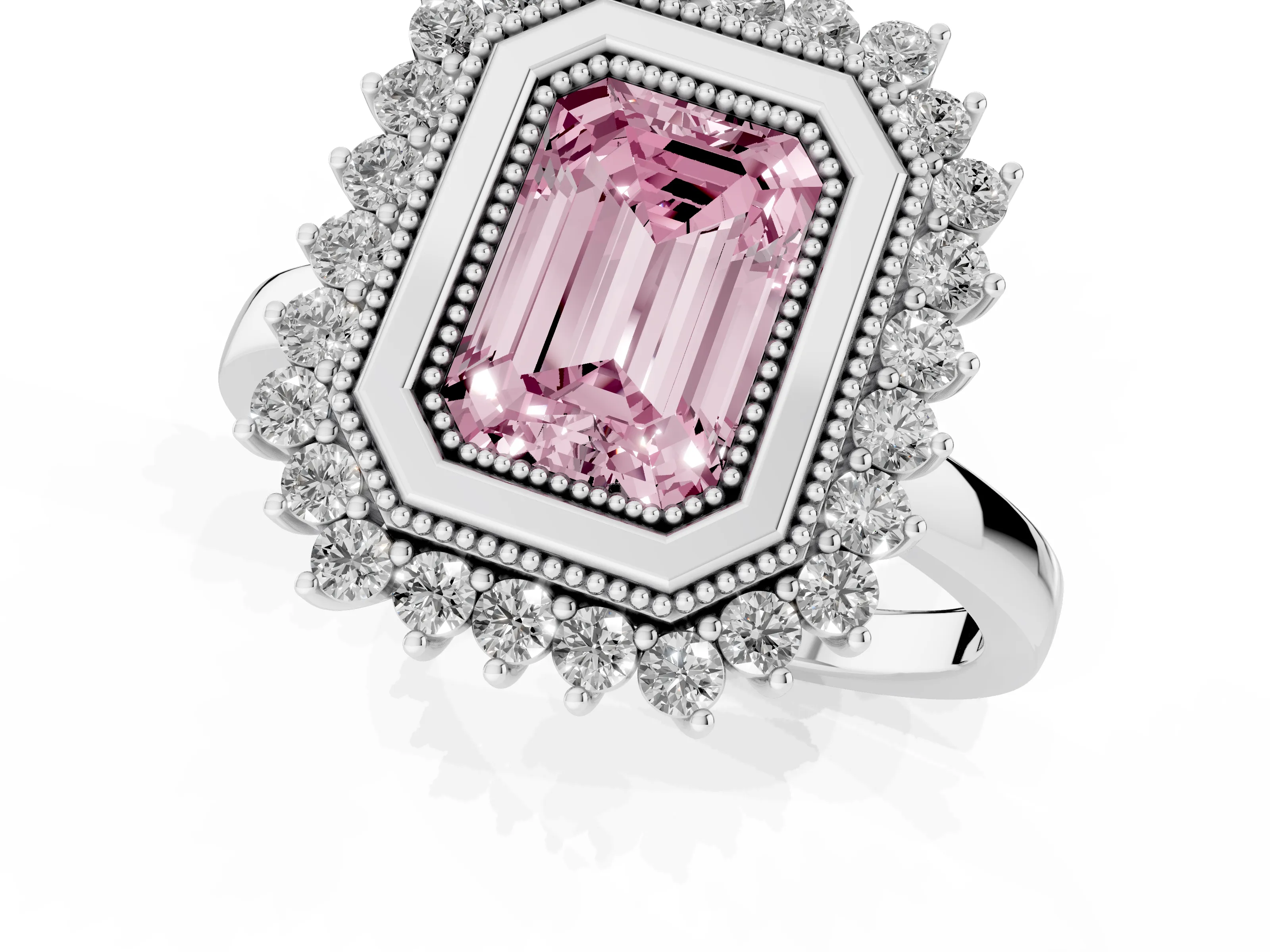 Fancy Pink Emerald Cut Diamond Halo Ring Set in Silver with Milgrain Edge and Round Prong Setting
