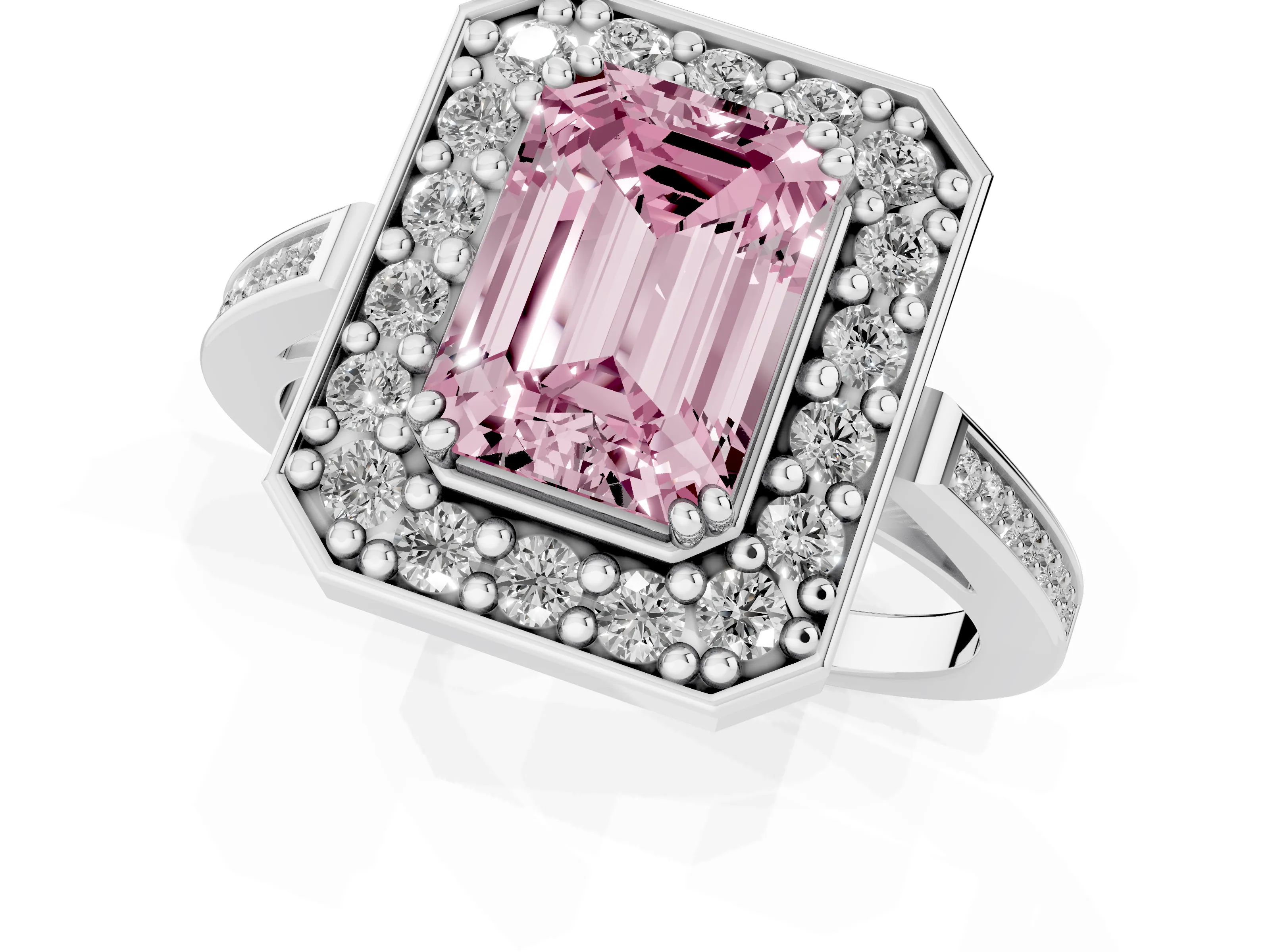 Fancy Pink Emerald Cut Diamond Halo Ring Set in White gold with Accent-Lined Split Shank and Prong Setting
