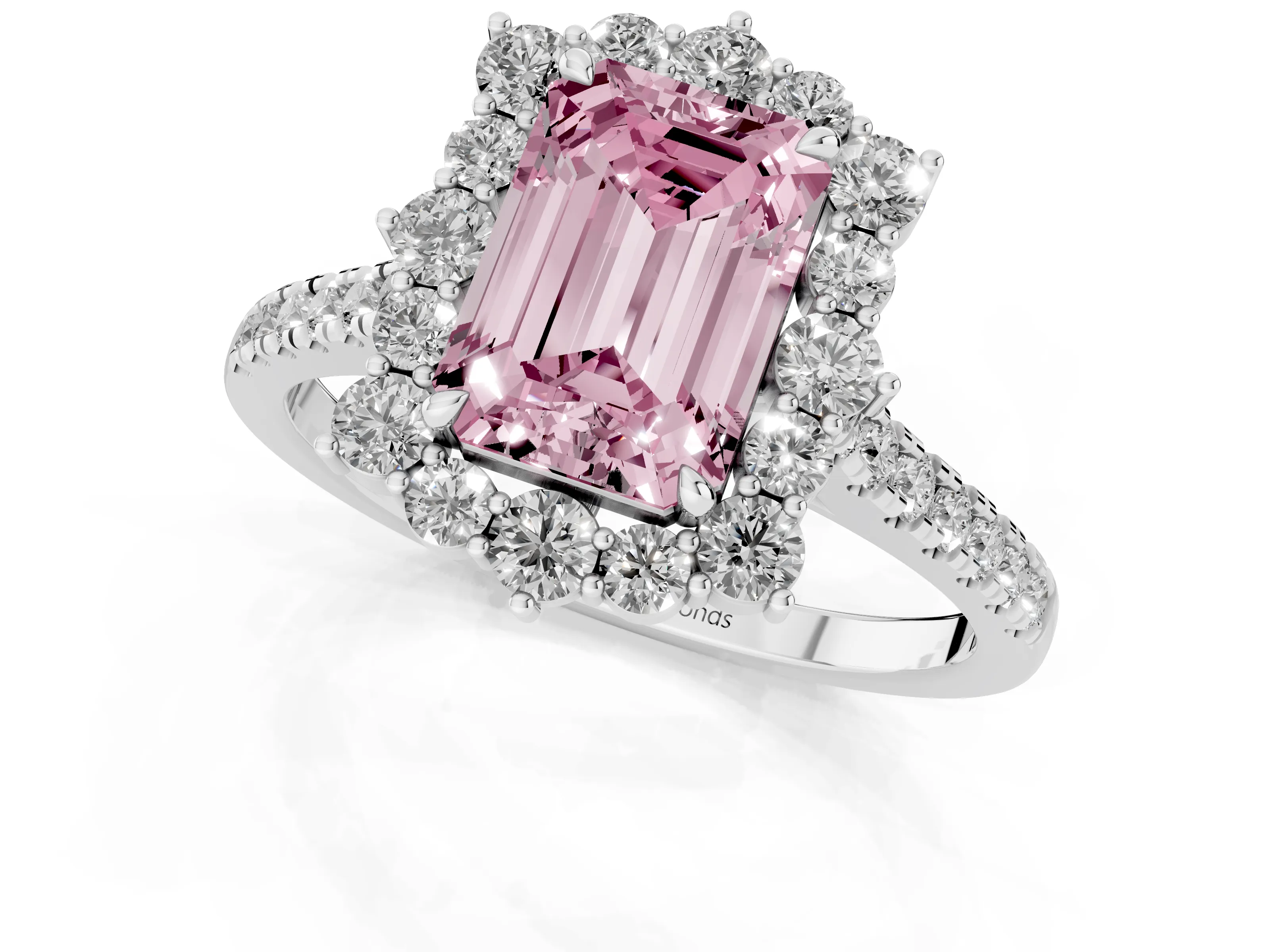 Fancy Pink Emerald Cut Diamond Halo Ring Set in Silver with Pavé Band and Prong Setting