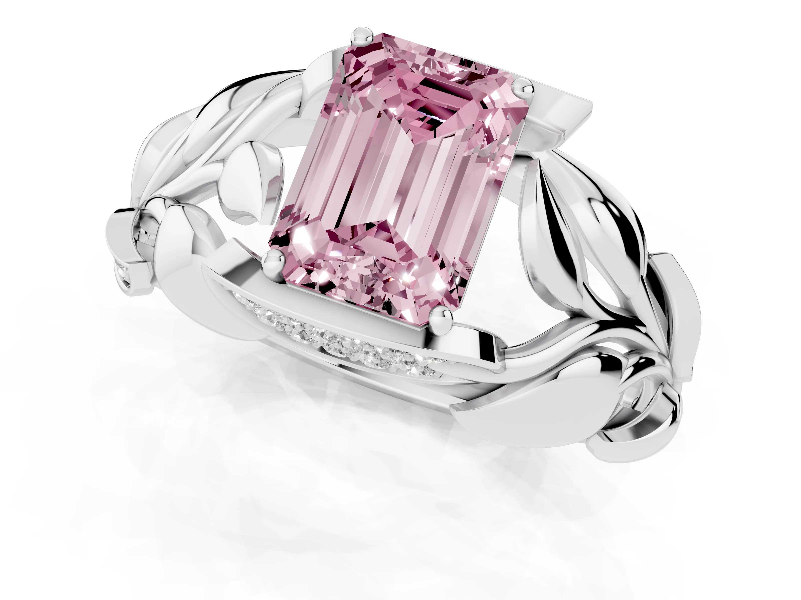 Fancy Pink Emerald Cut Diamond Leaf-Inspired Engagement Ring Set in Platinum with Round Accents