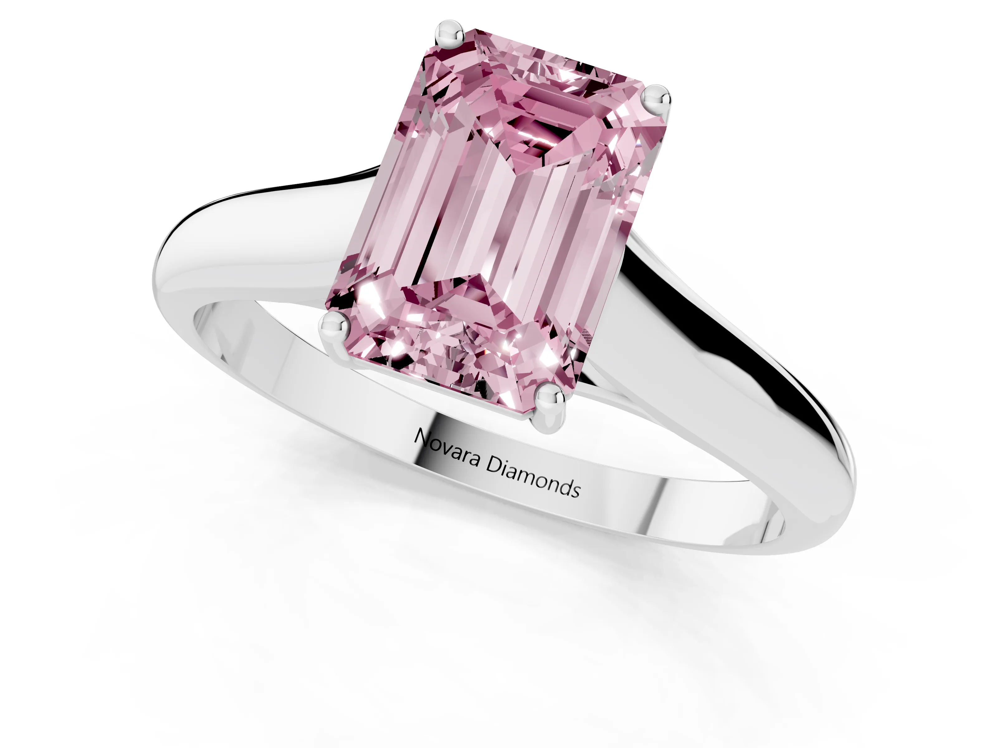 Fancy Pink Emerald Cut Diamond Solitaire Engagement Ring Set in White gold with Subtly Tapered Band and Prong Setting