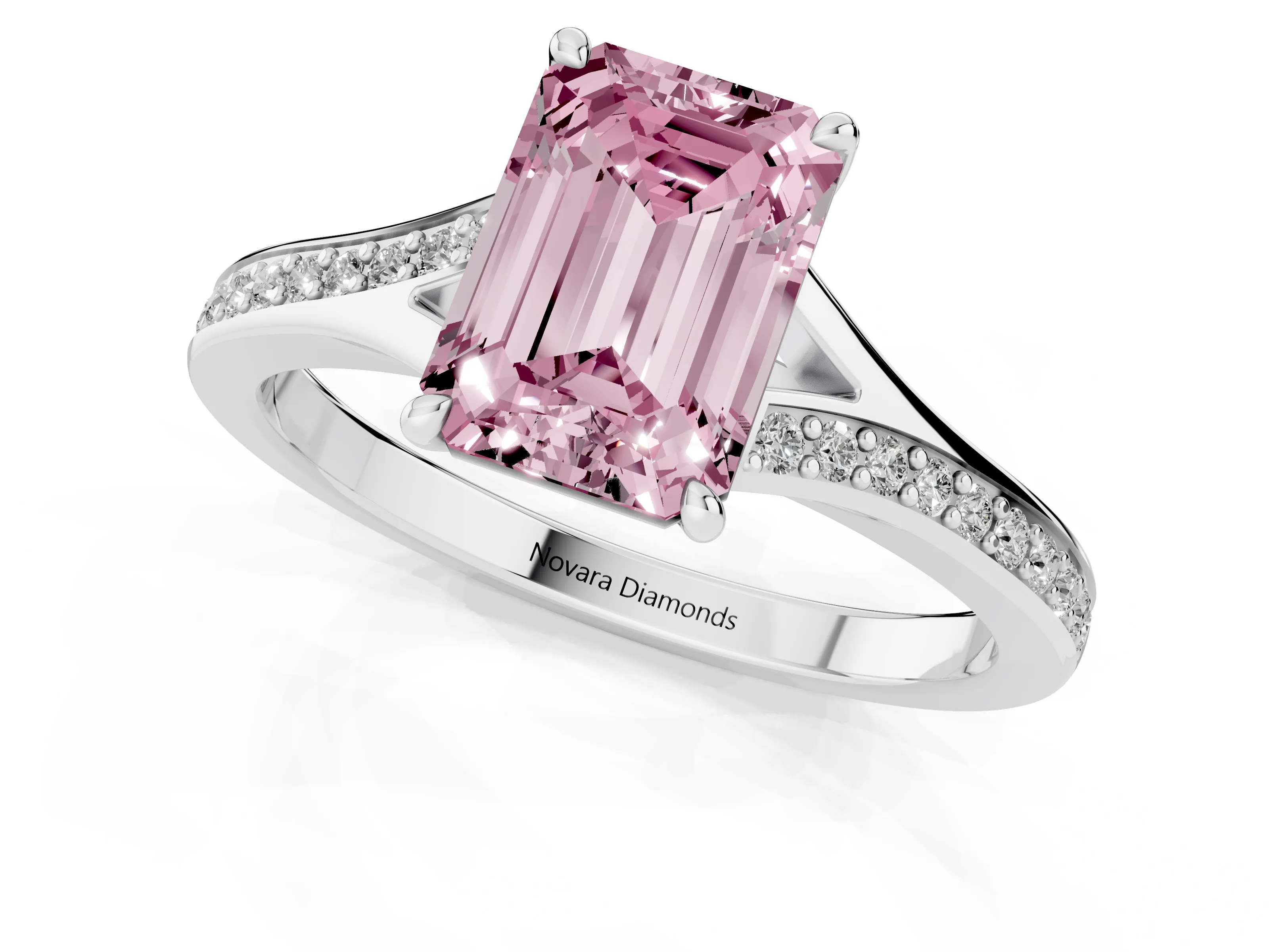 Fancy Pink Emerald Cut Diamond Solitaire Ring Set in Platinum with Pavé Accent Band and Classic Prong Setting