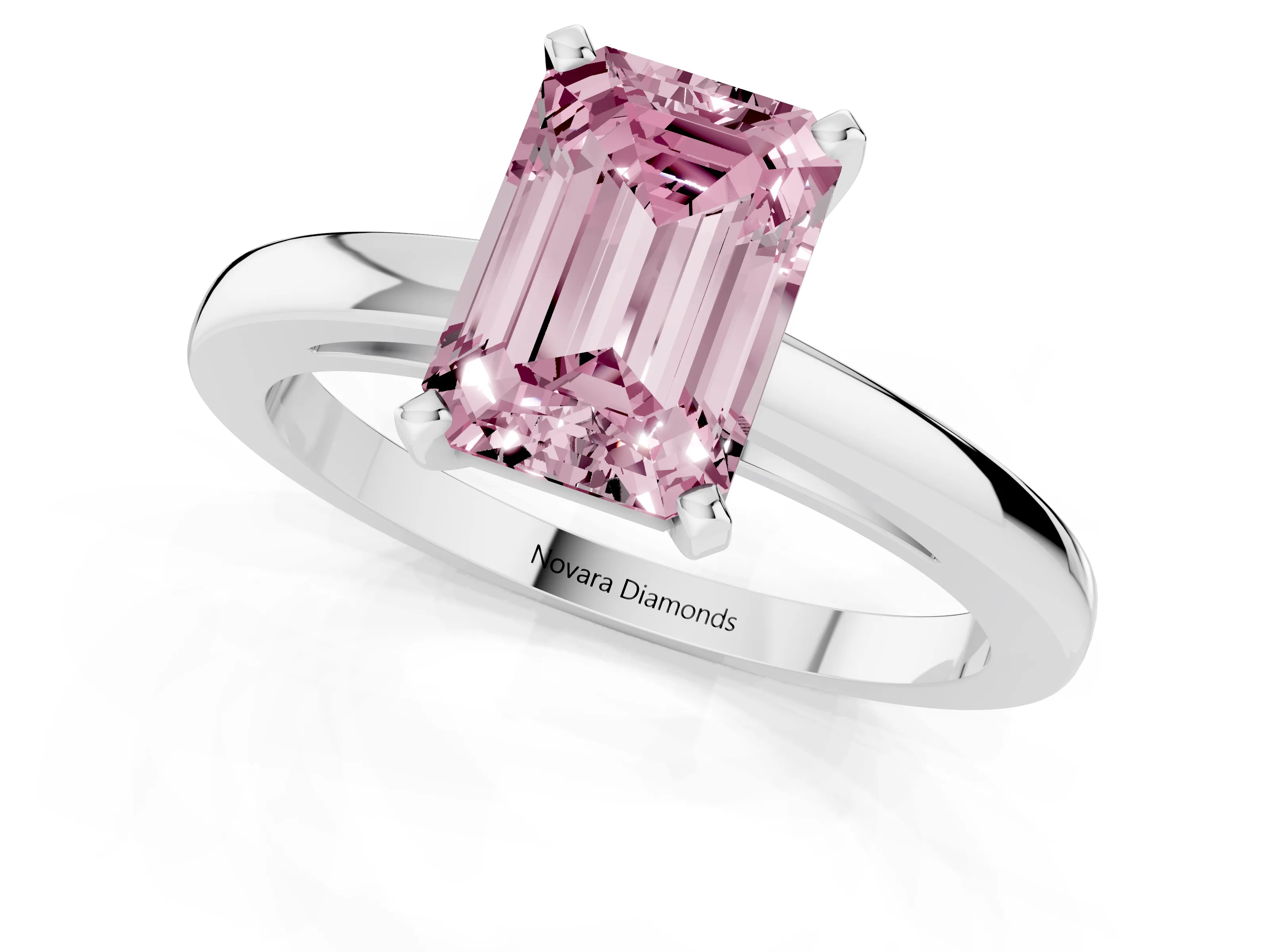 Fancy Pink Emerald Cut Diamond Solitaire Engagement Ring Set in Platinum with Prong Setting on a Classic Band