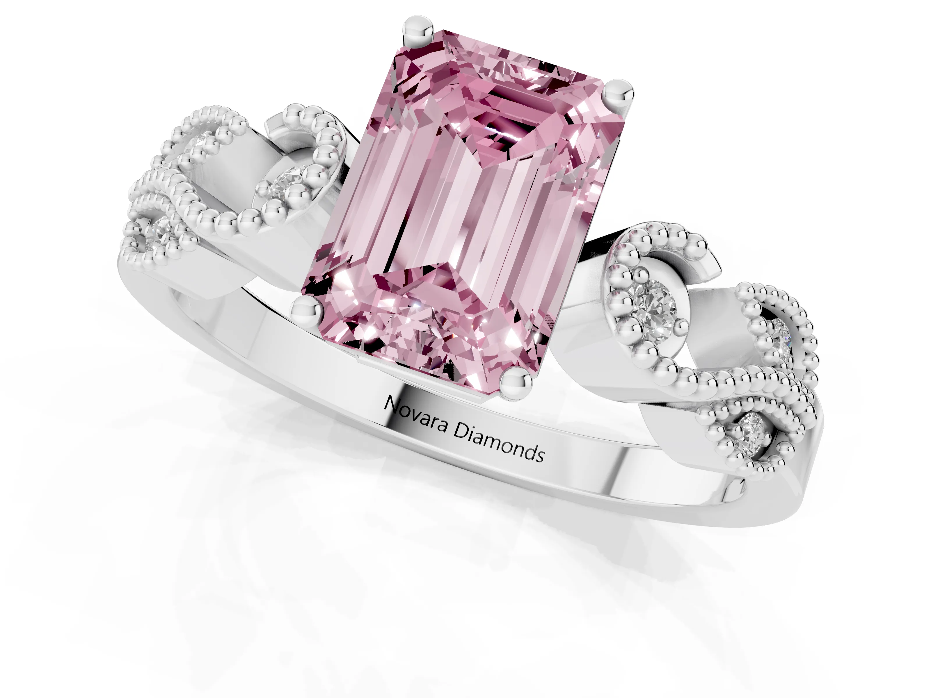 Fancy Pink Emerald Cut Diamond Milgrain Leaf Band Solitaire Ring Set in White gold with Accent Stones and Prong Setting