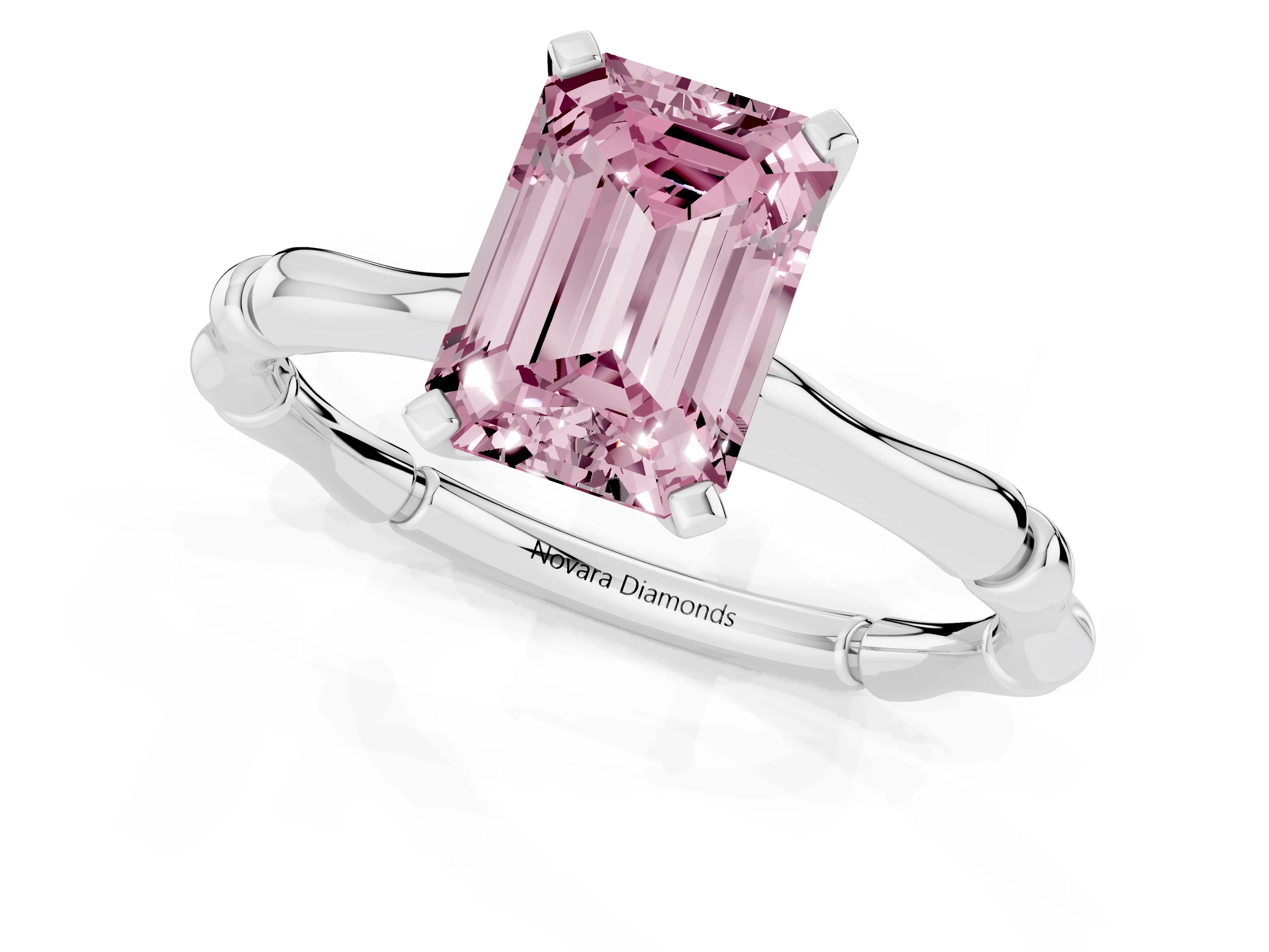 Fancy Pink Emerald Cut Diamond Solitaire Ring Set in Silver with Bamboo Band and Prong Setting