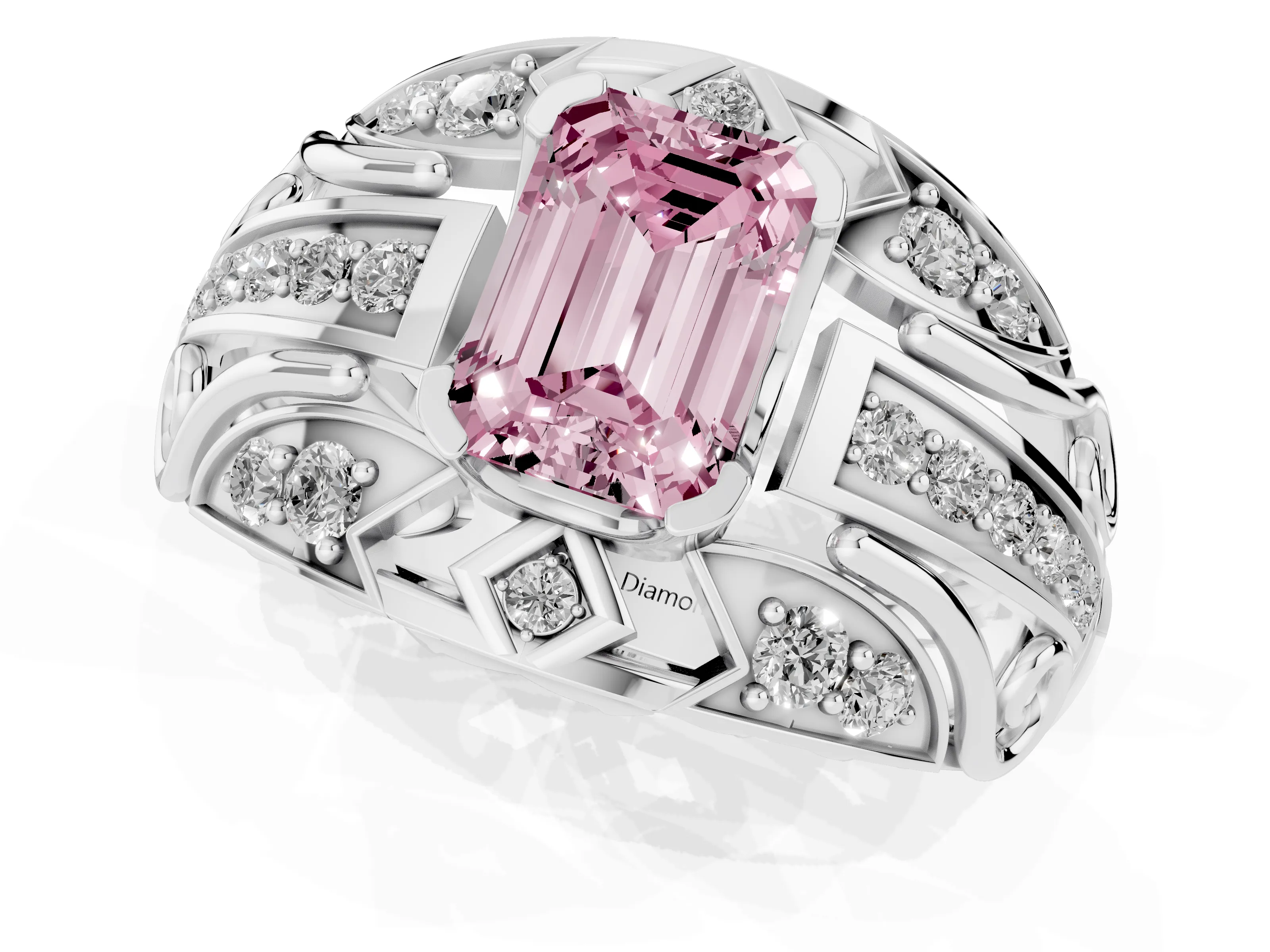 Fancy Pink Emerald Cut Diamond Art Deco Ring Set in White gold with Pavé Split Shank – second view