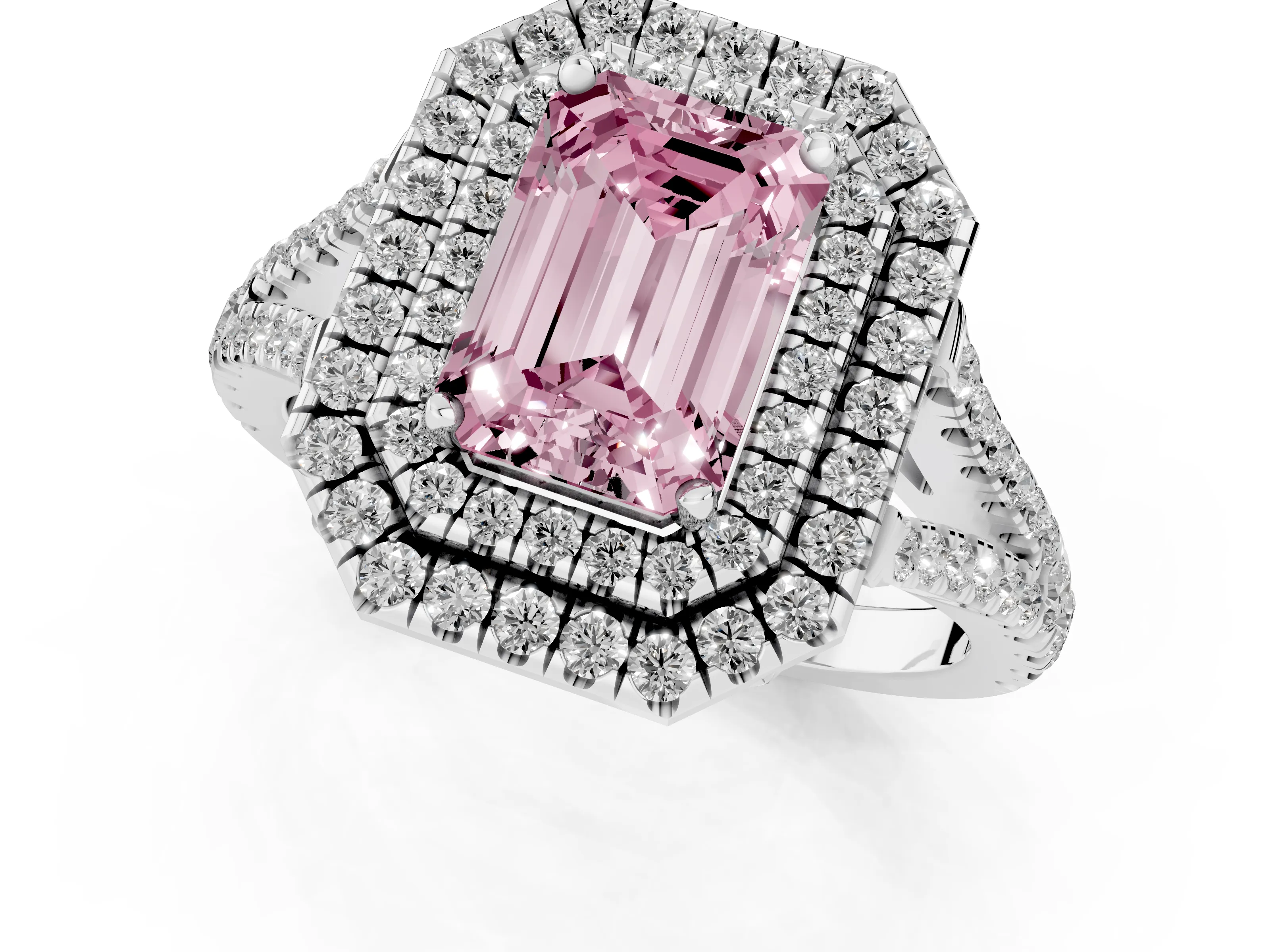 Fancy Pink Emerald Cut Diamond Double Halo Ring Set in Silver with Pavé Band