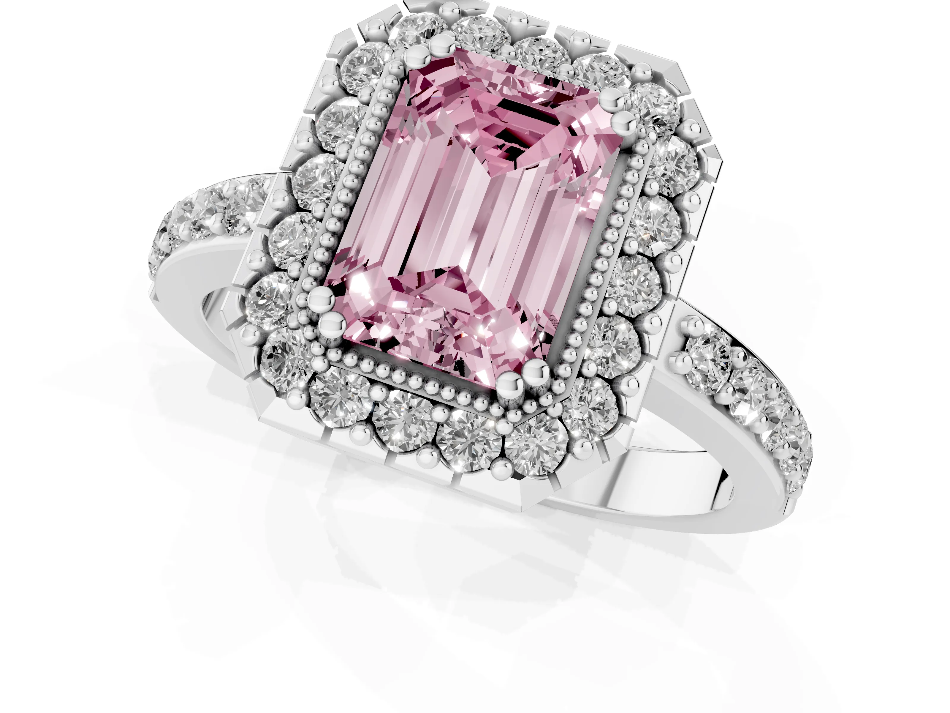 Fancy Pink Emerald Cut Diamond Halo Ring Set in Platinum with Pavé Shank and Prong Setting