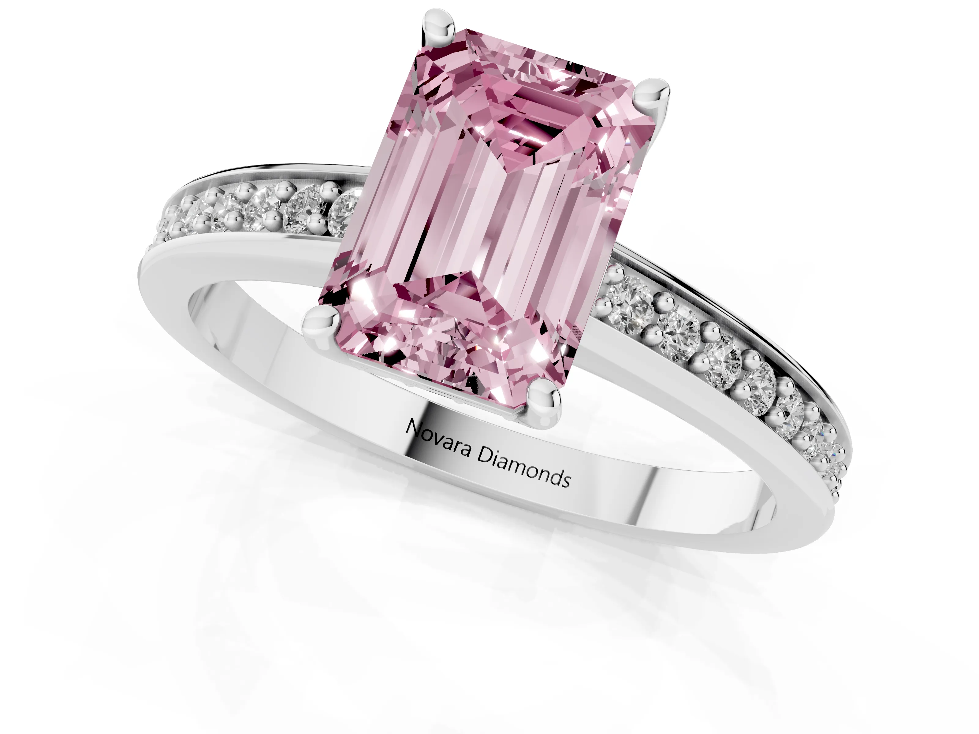 Fancy Pink Emerald Cut Diamond Pavé Band Prong Set Solitaire Ring Set in White gold