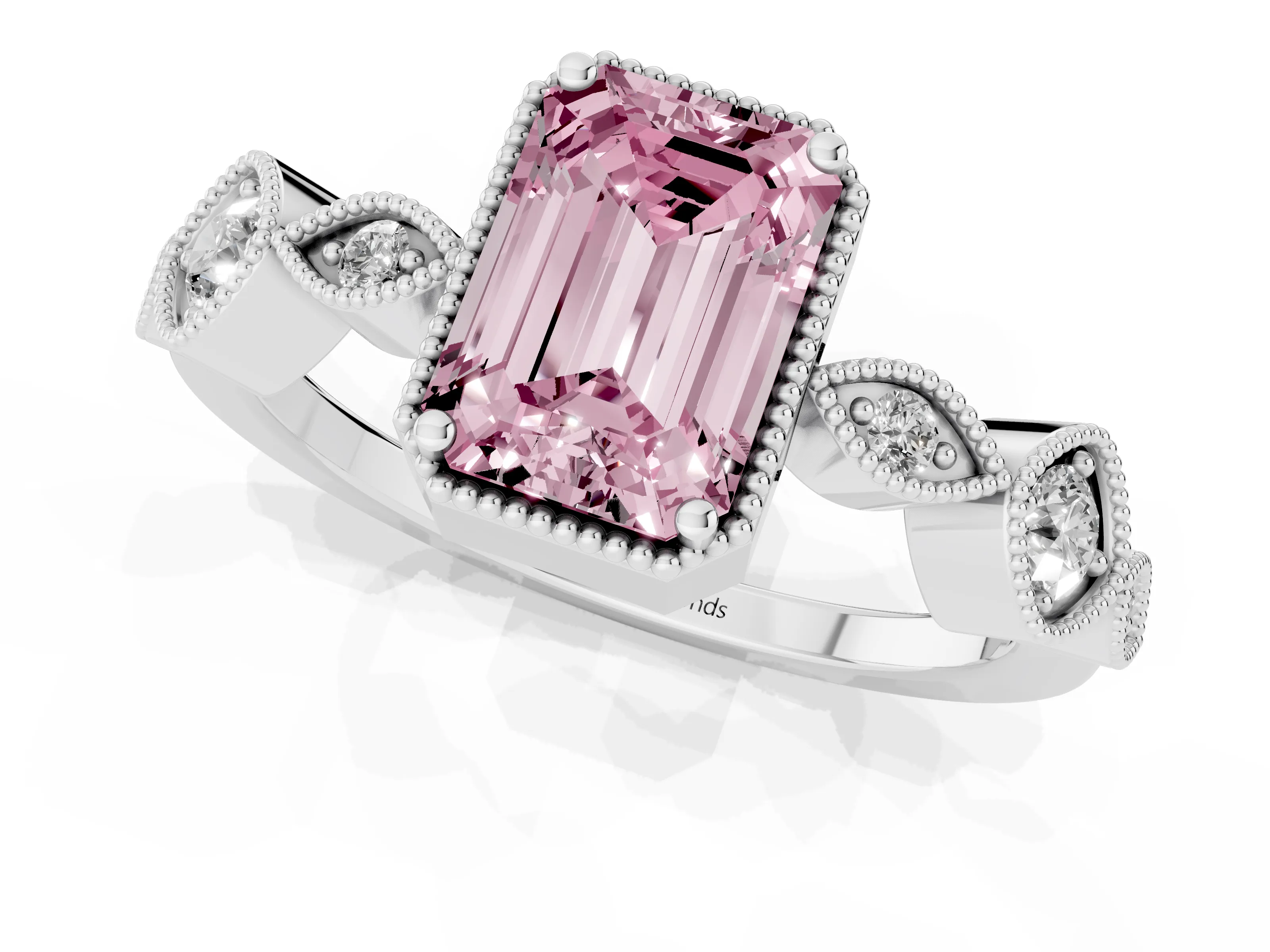 Fancy Pink Emerald Cut Diamond Vintage-Inspired Milgrain Ring Set in Platinum with Marquise Stations of Round Accents