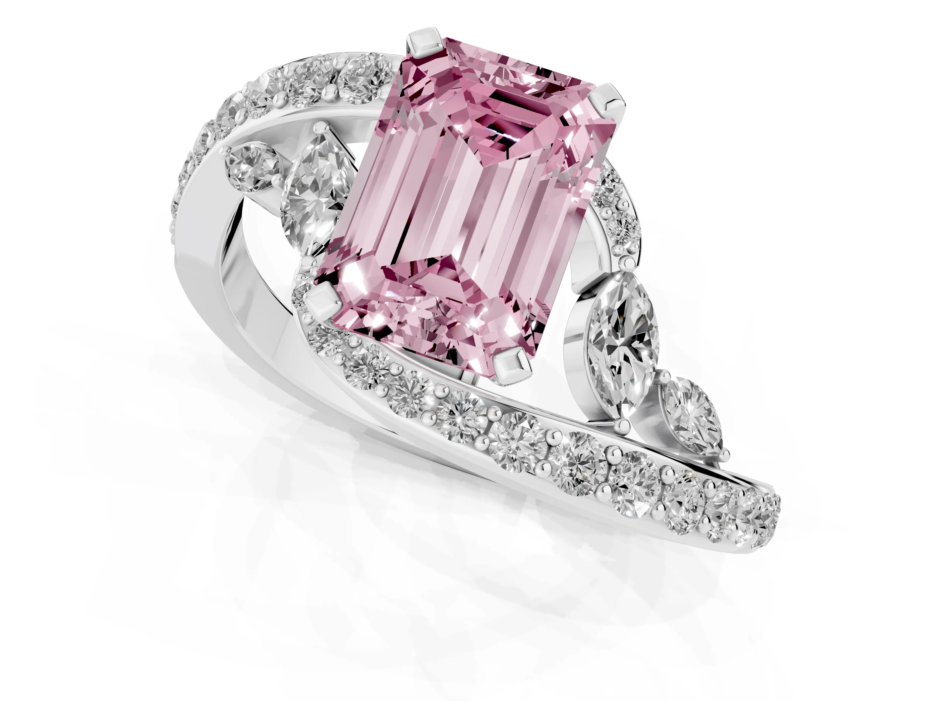 Fancy Pink Emerald Cut Diamond Solitaire Ring Set in Silver with Pavé Twist Band and Secure Prong Setting