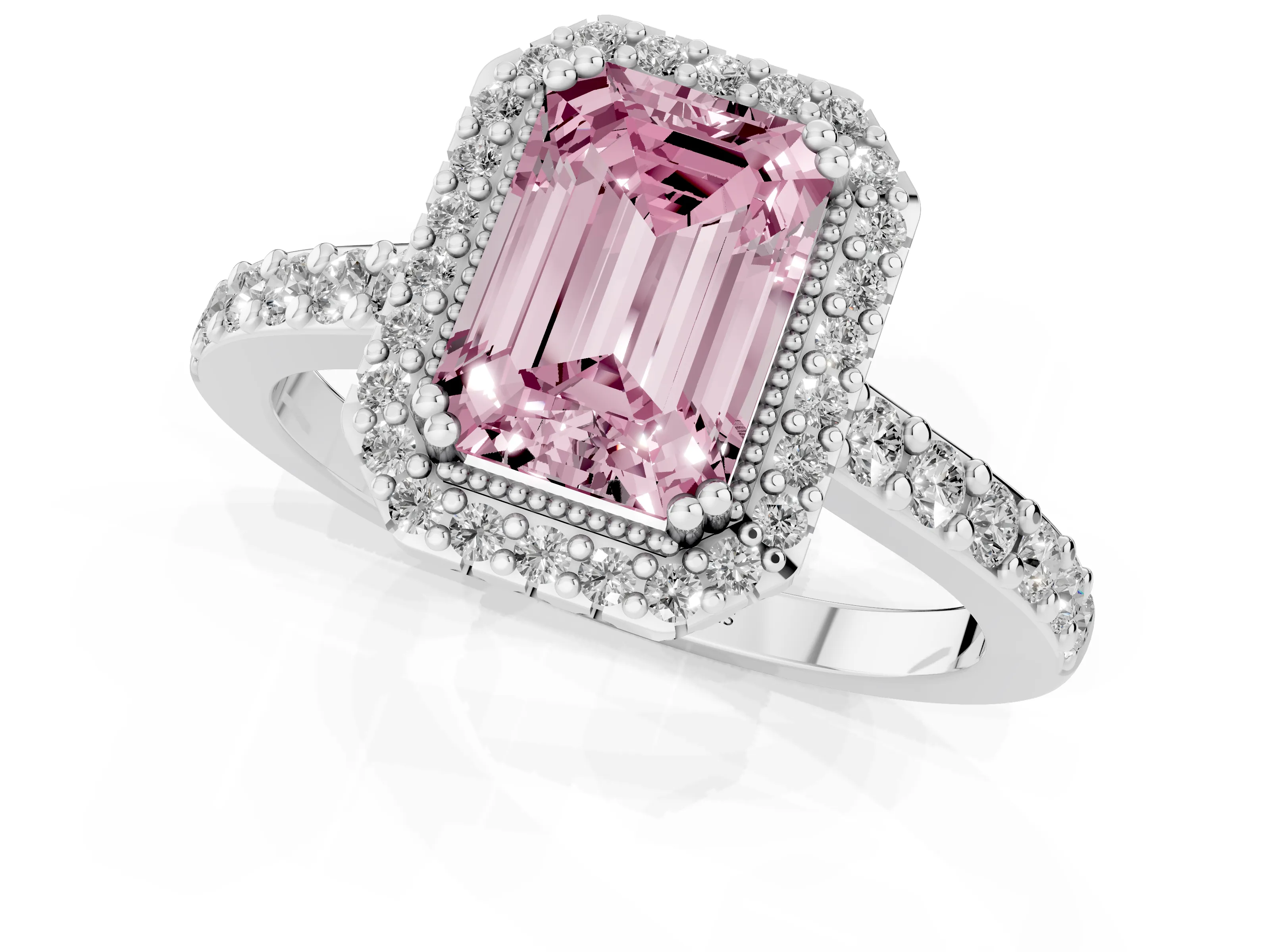 Fancy Pink Emerald Cut Diamond Halo Engagement Ring Set in White gold with Milgrain Detail and Pavé Band