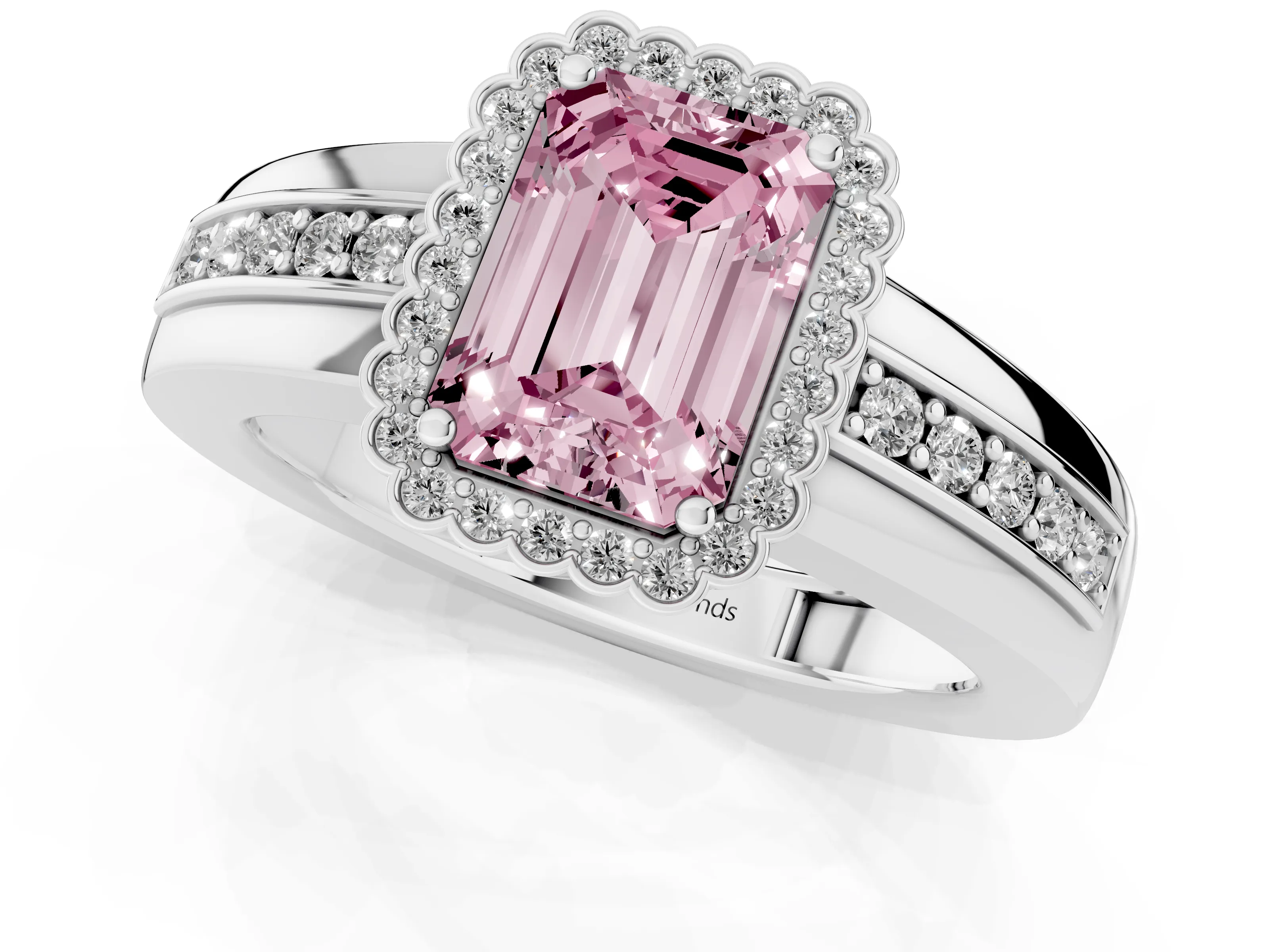 Fancy Pink Emerald Cut Diamond Halo Prong Ring Set in Silver with Pavé Band