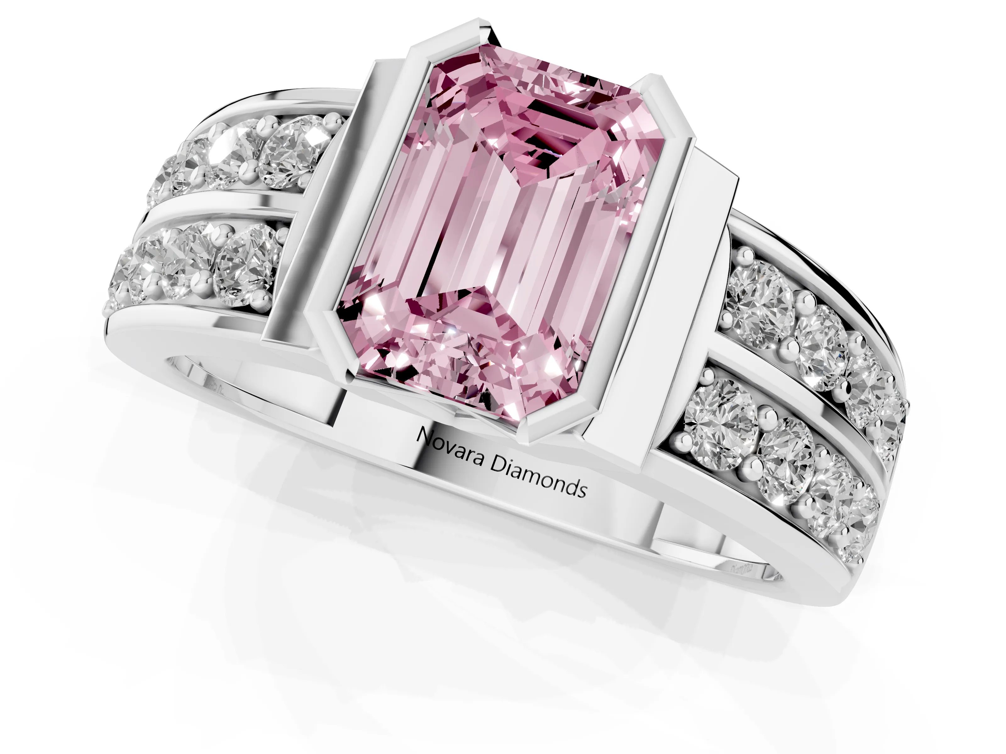 Fancy Pink Emerald Cut Diamond Wide Channel Set Band Ring Set in Silver with Bezel Setting
