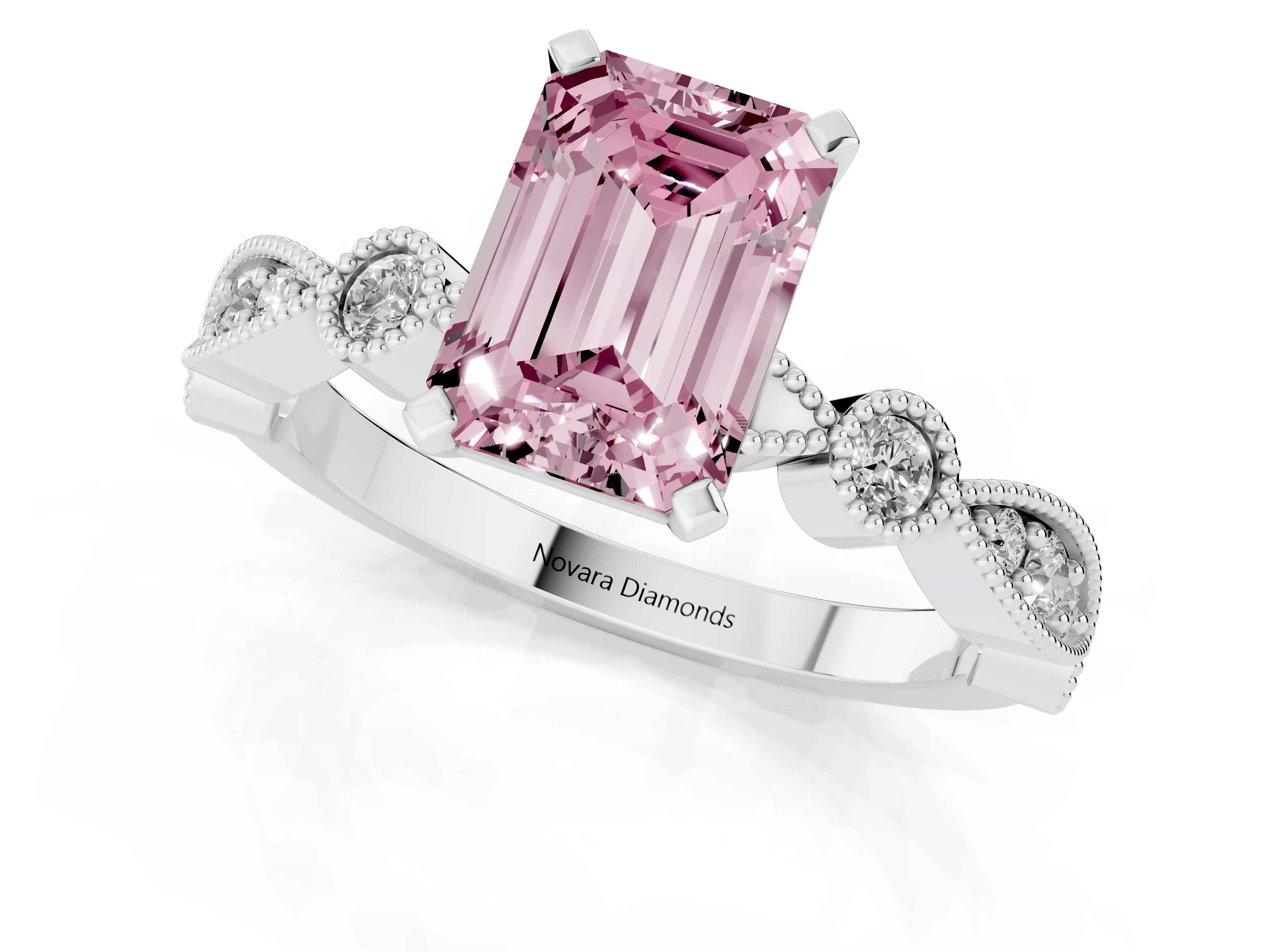 Fancy Pink Emerald Cut Diamond Solitaire Engagement Ring Set in Silver with Milgrain Bezel Accent Band