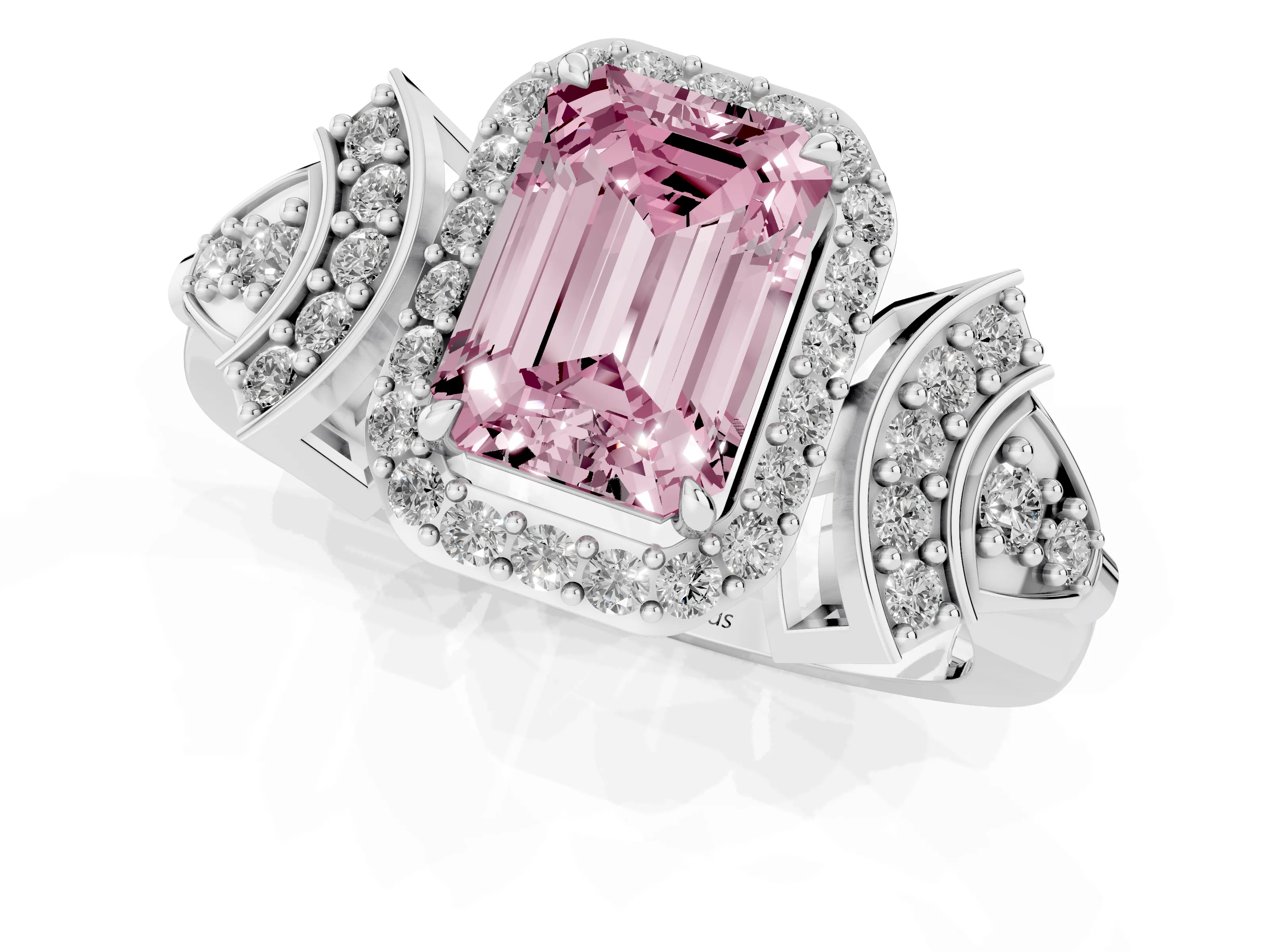Fancy Pink Emerald Cut Diamond Halo Engagement Ring Set in Silver with Accent Stone Split Shank