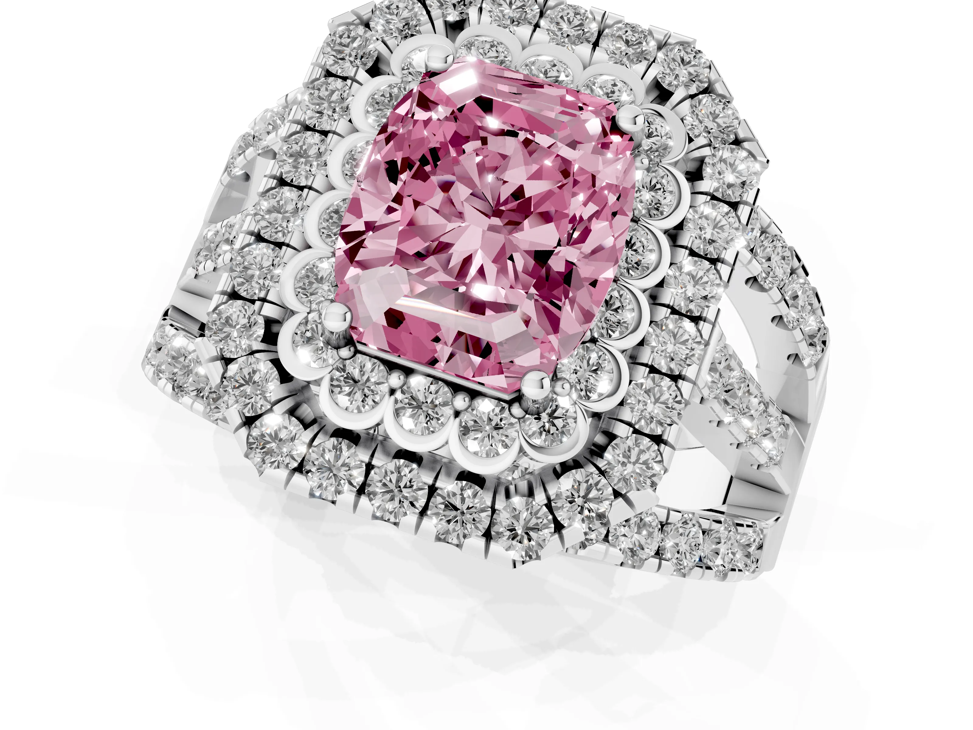 Fancy Pink Emerald Cut Diamond Double Halo Ring Set in Silver with Round Pavé Split Shank