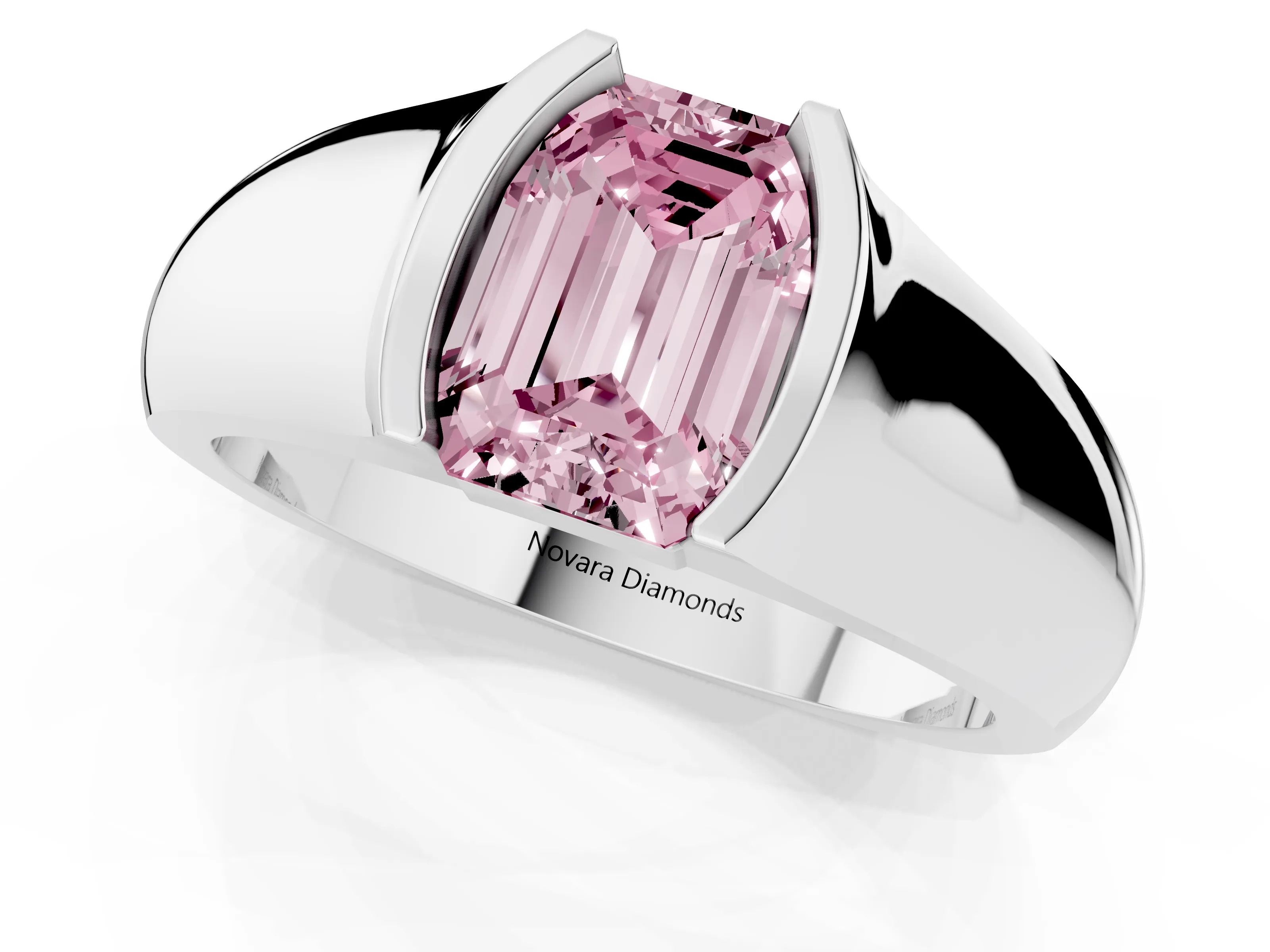 Fancy Pink Emerald Cut Diamond Bezel Solitaire Ring Set in Silver with Wide Band