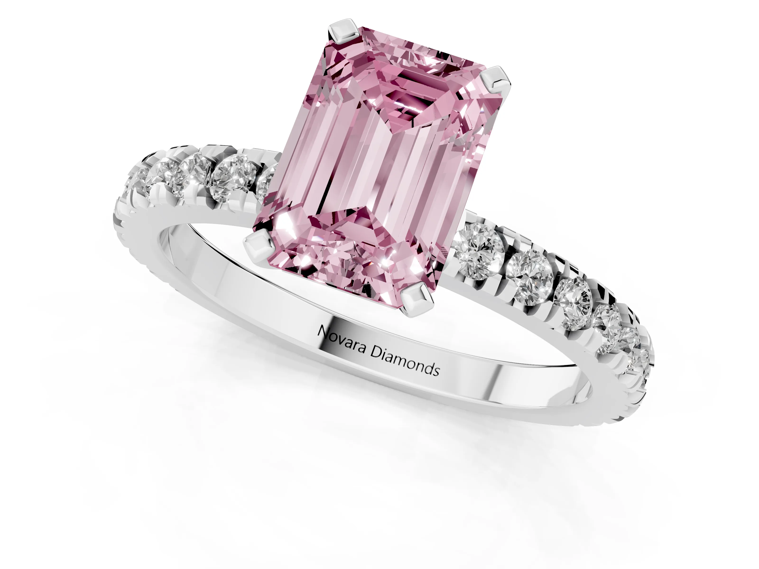 Fancy Pink Emerald Cut Diamond Pavé Band Solitaire Set in Platinum with Prong Setting