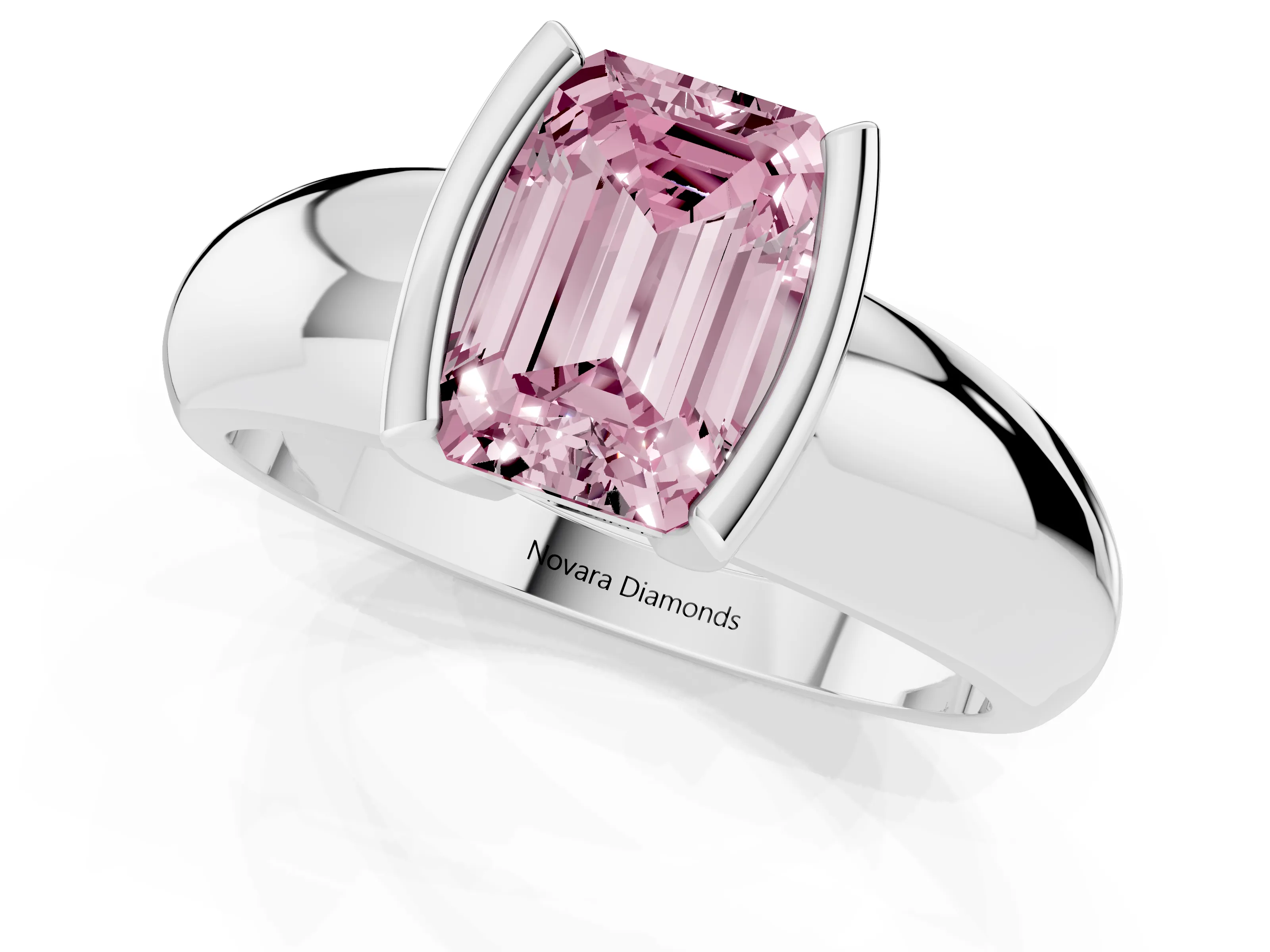 Fancy Pink Emerald Cut Diamond Solitaire Tension Set Ring Set in White gold with Wide Band