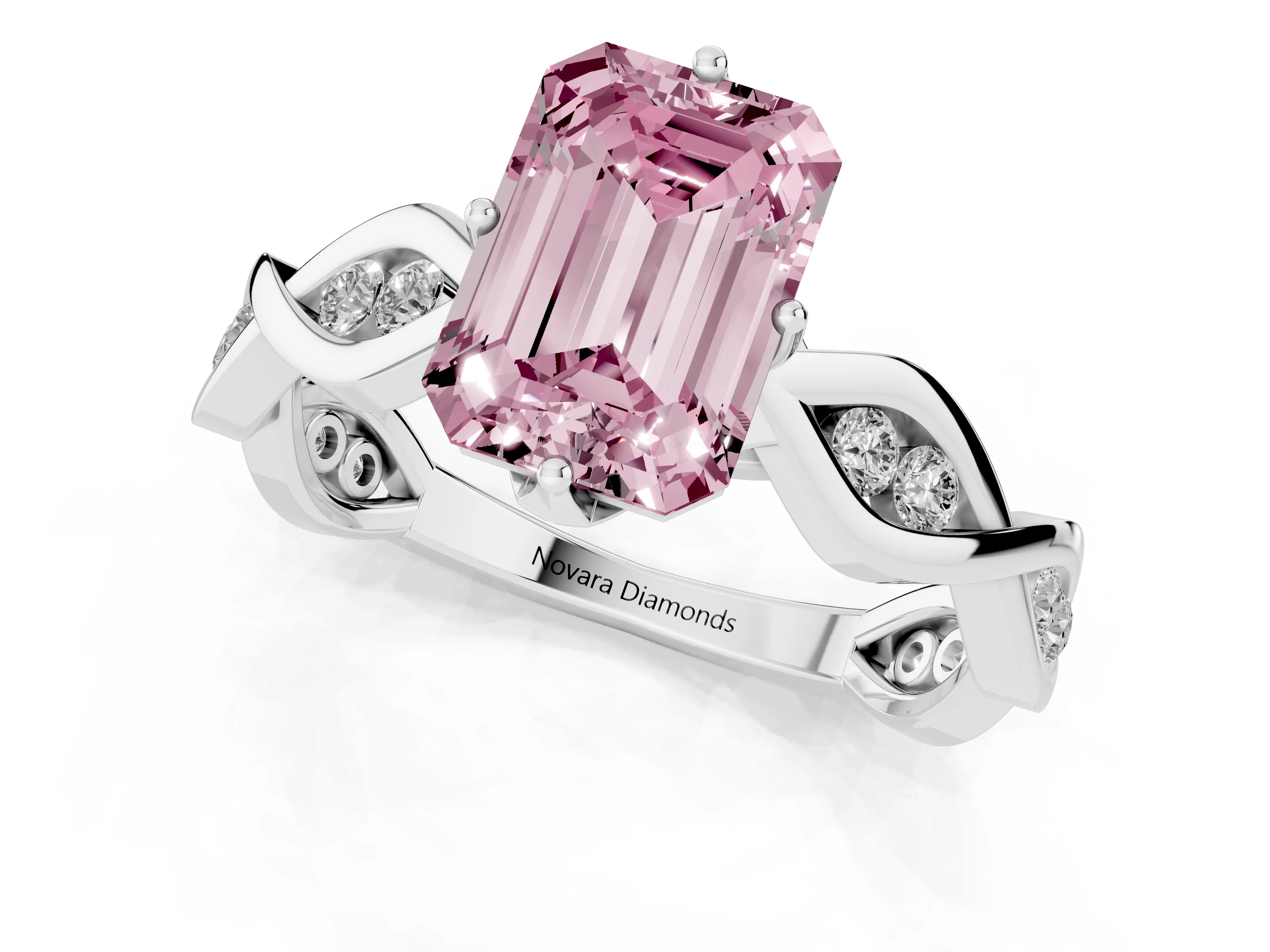 Fancy Pink Emerald Cut Diamond Twist Band Solitaire Ring Set in Platinum with Leaf Prong Setting and Accent Stones
