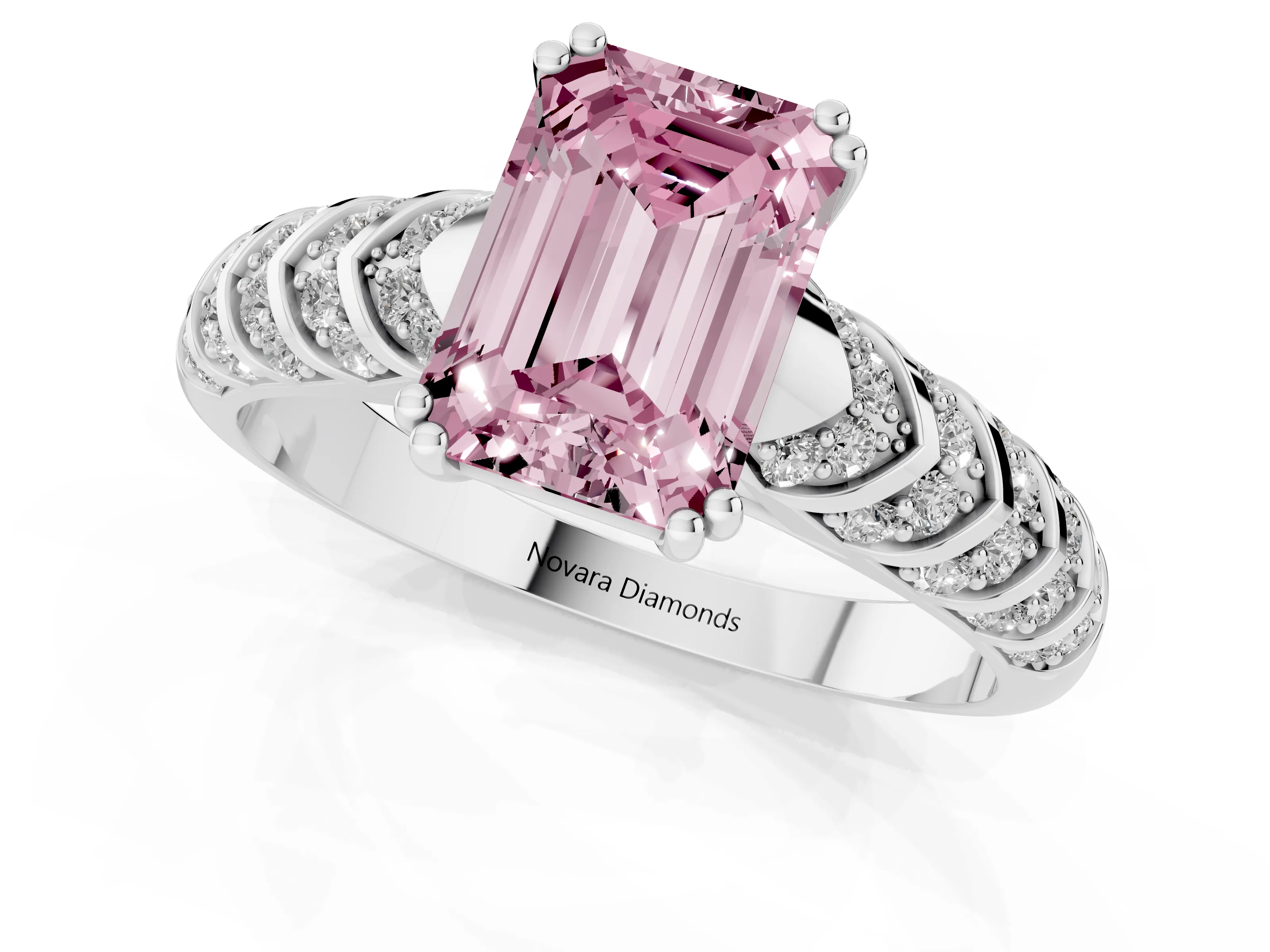 Fancy Pink Emerald Cut Diamond Solitaire Chevron Pavé Engagement Ring Set in Silver with Prong Setting