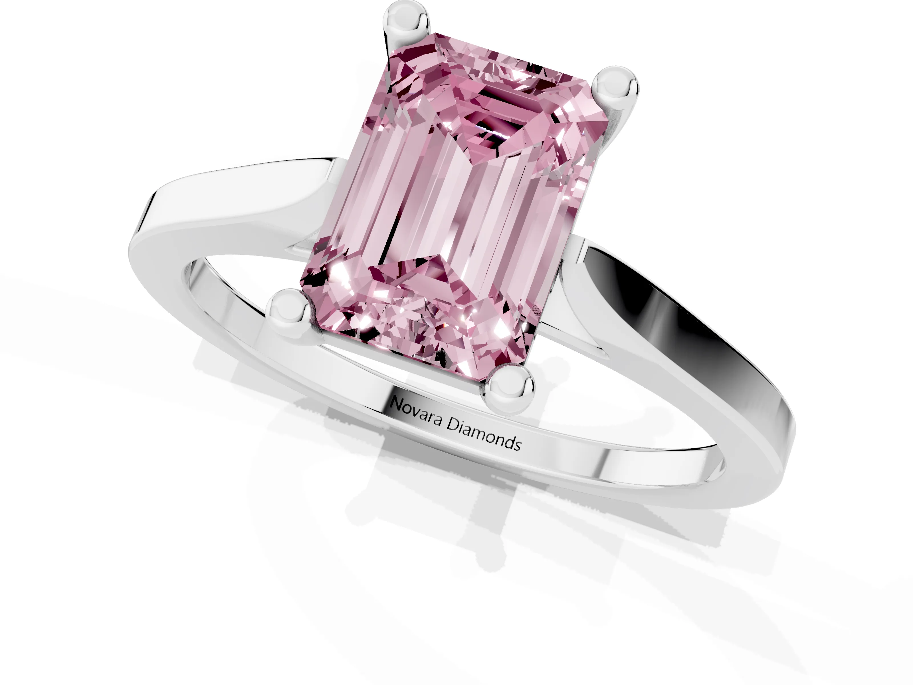 Fancy Pink Emerald Cut Diamond Solitaire Ring Set in Silver with Prong Setting and Tapered Band