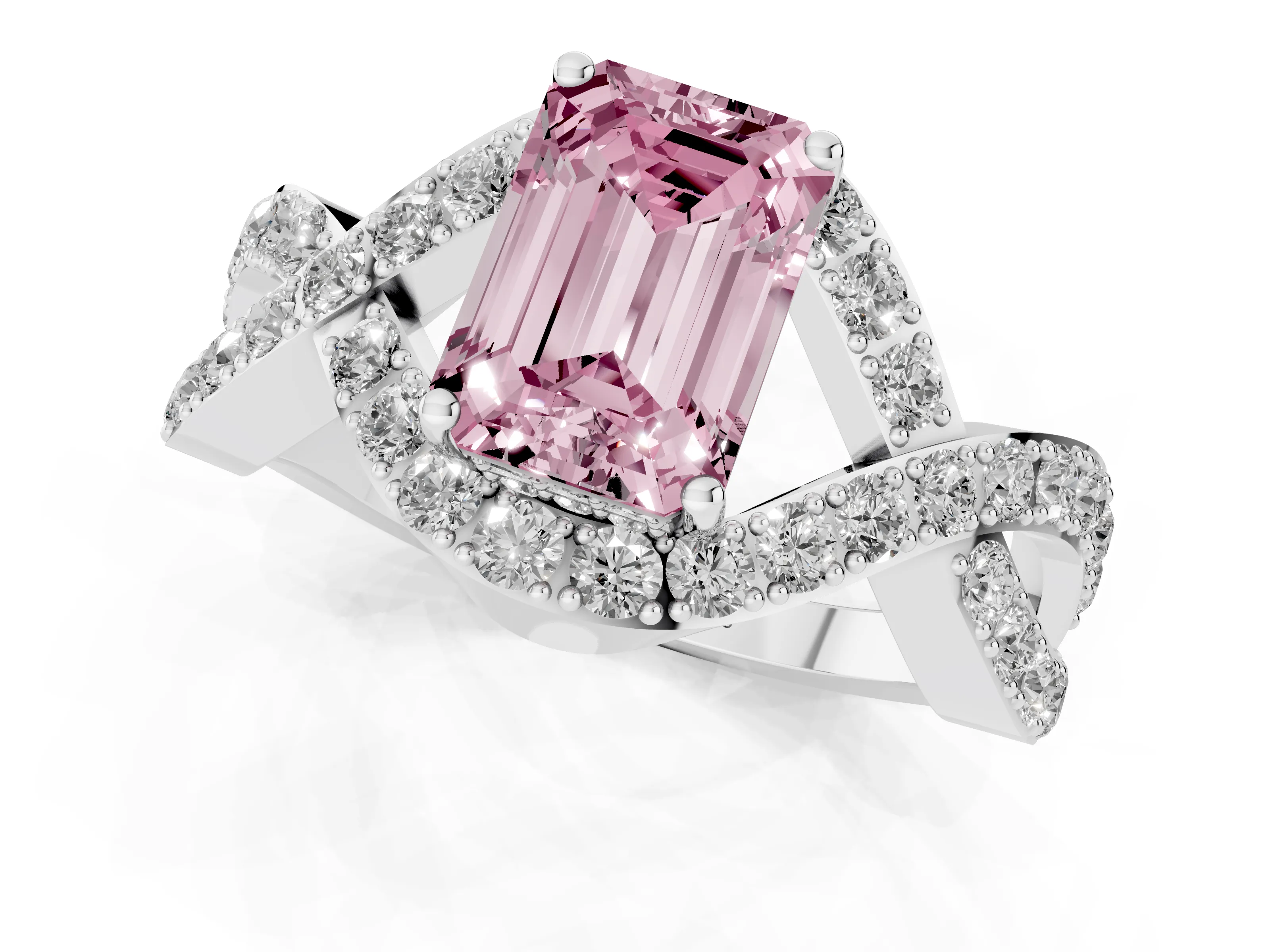 Fancy Pink Emerald Cut Diamond Solitaire Twist Band Pavé Engagement Ring Set in Silver