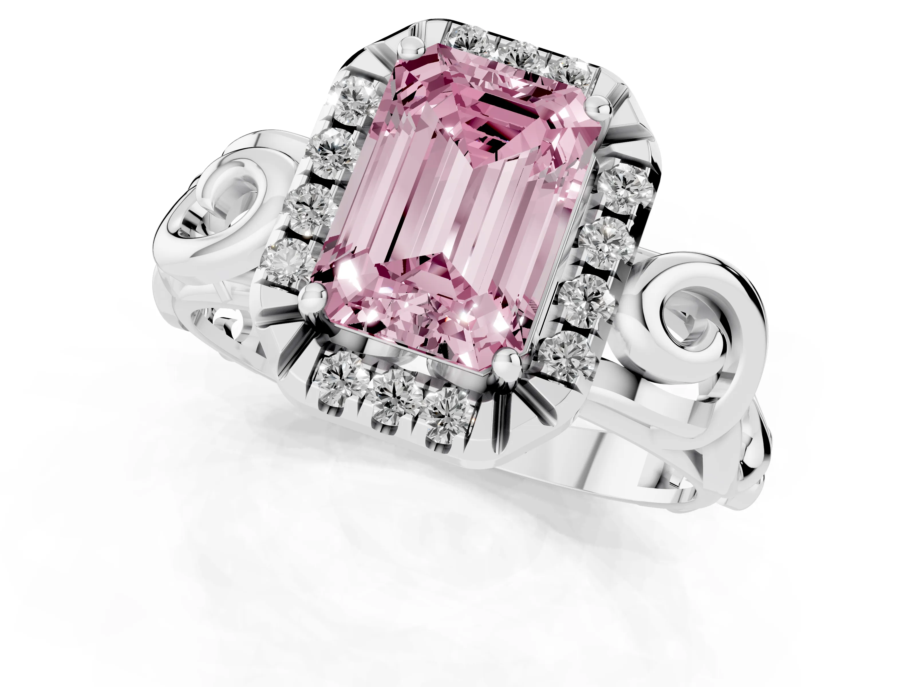 Fancy Pink Emerald Cut Diamond Halo Ring Set in Platinum with Scrollwork Band and Prong Setting