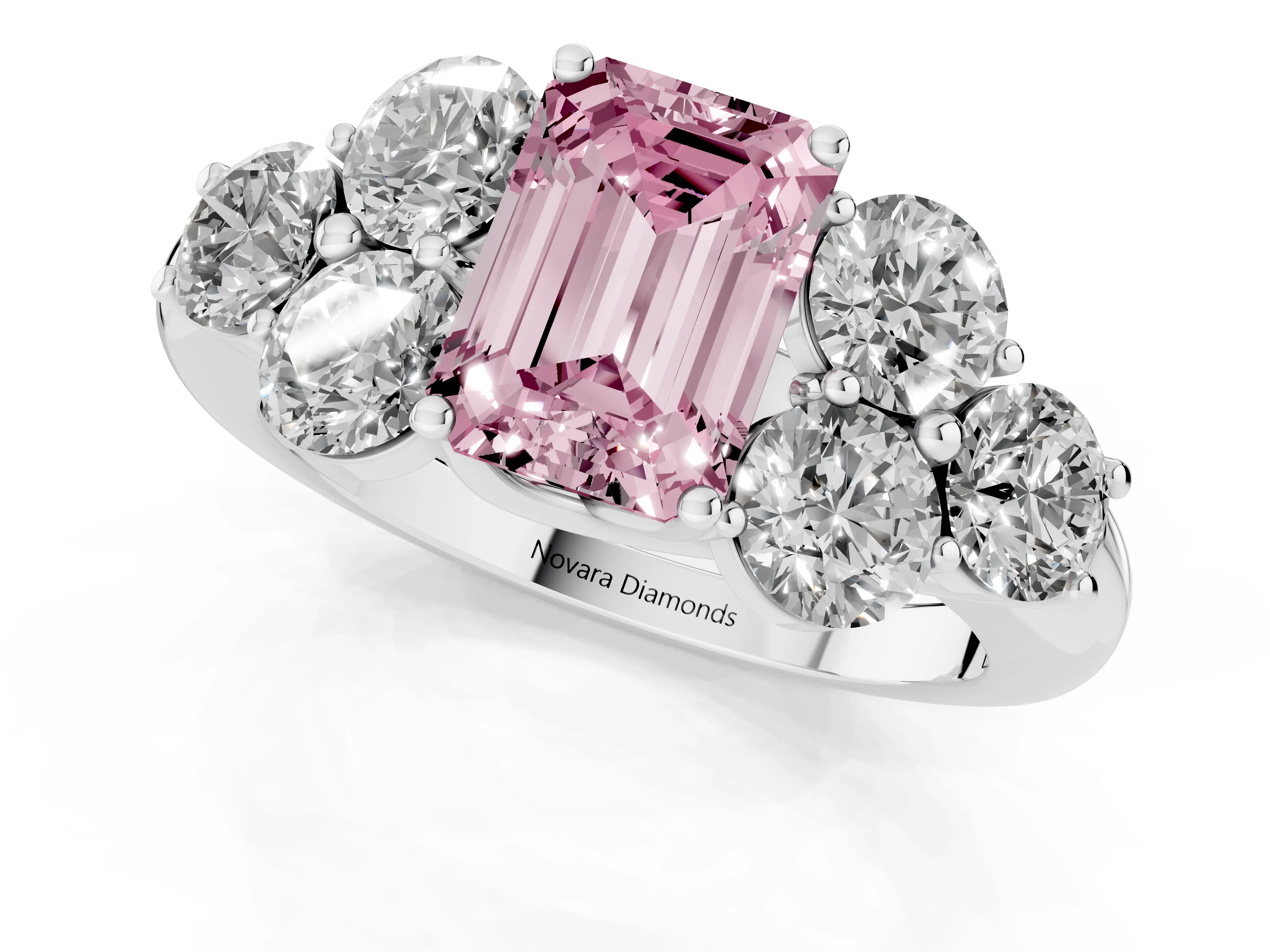 Fancy Pink Emerald Cut Diamond Cluster Ring Set in Silver with Round Accent Stones and Prong Setting on a Plain Band
