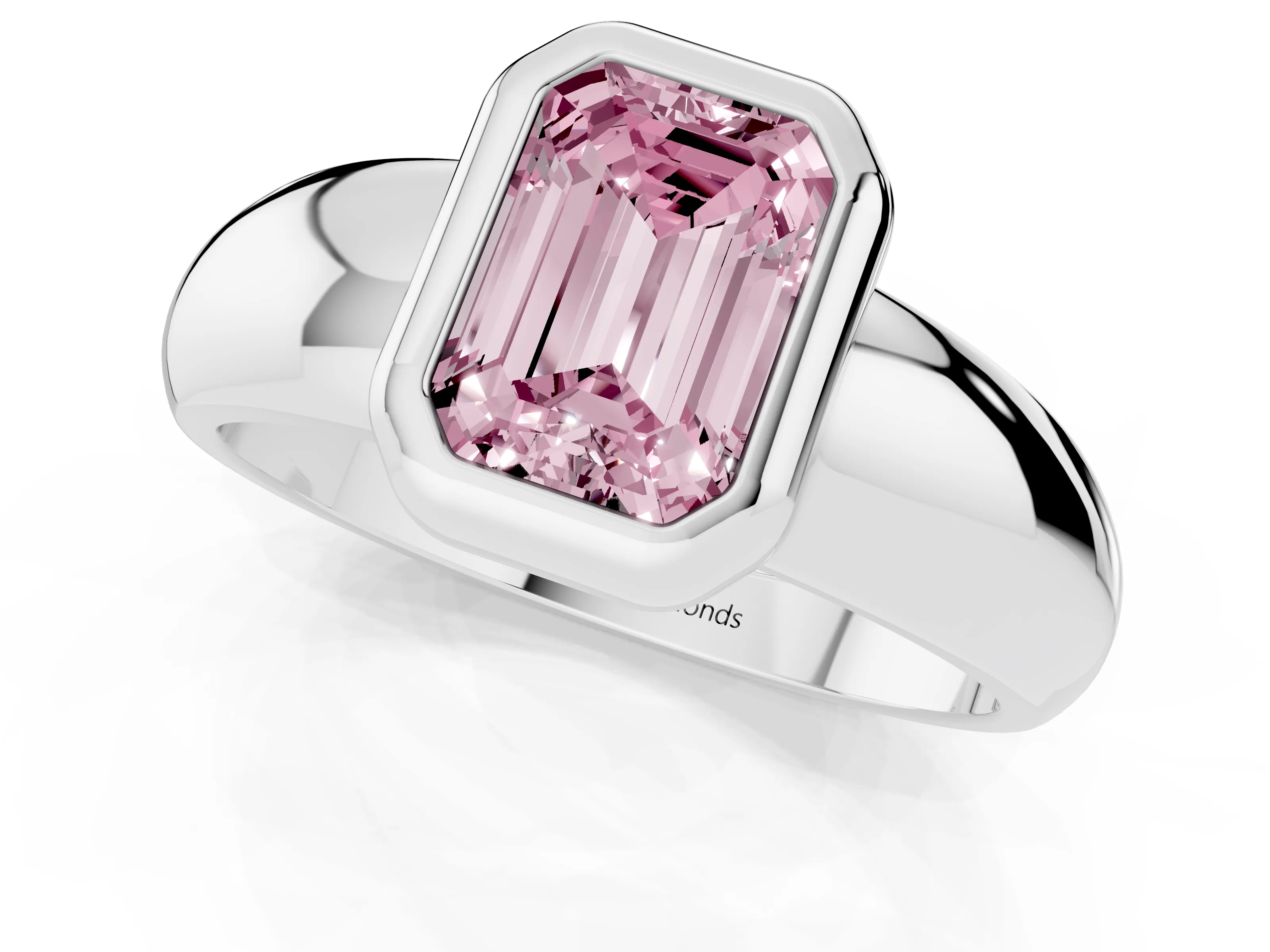 Fancy Pink Bezel Set Emerald Cut Diamond Solitaire Ring Set in Silver with Wide Band