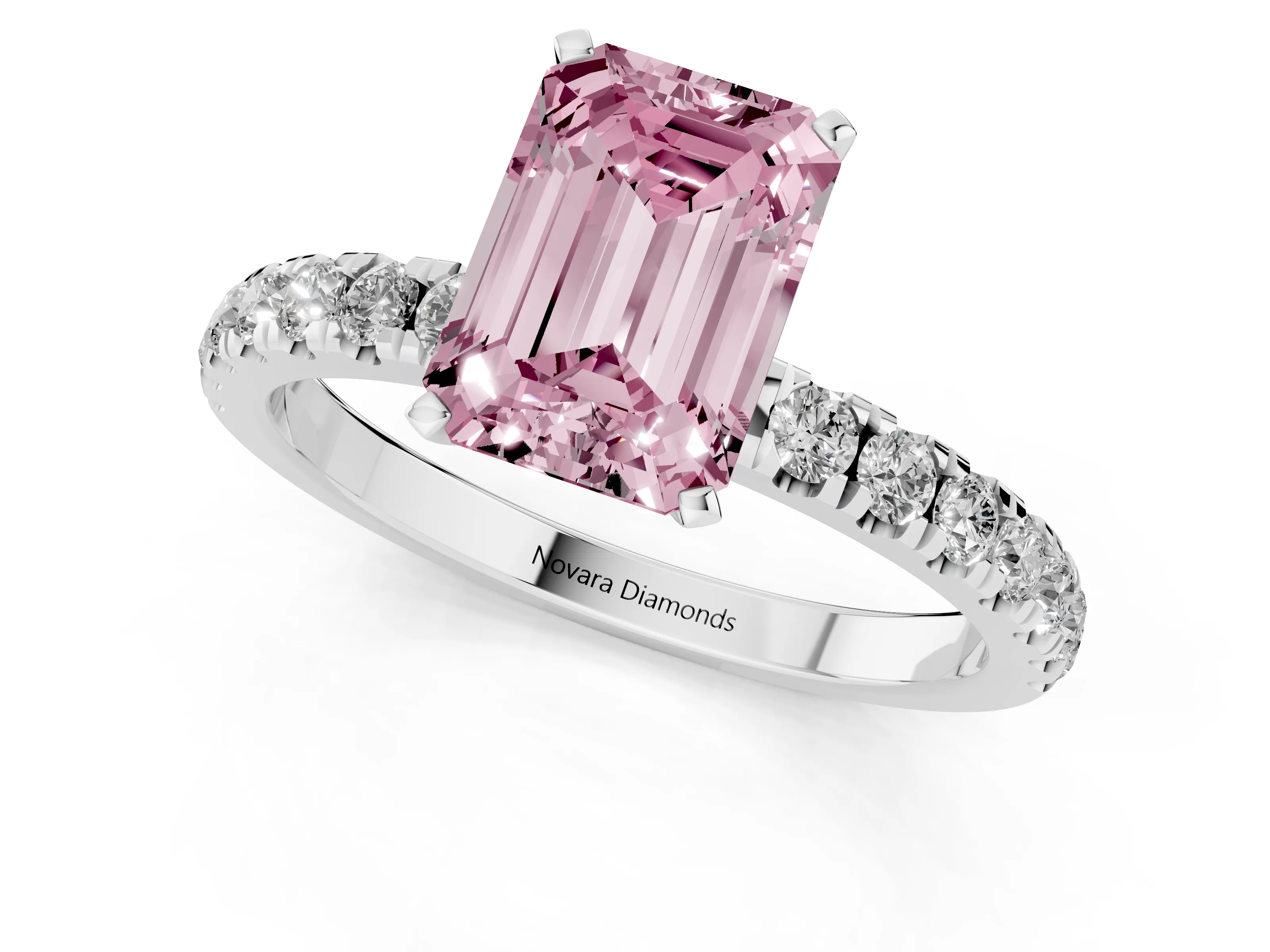 Fancy Pink Emerald Cut Diamond Solitaire Ring Set in Silver with Pavé Accents and Prong Setting
