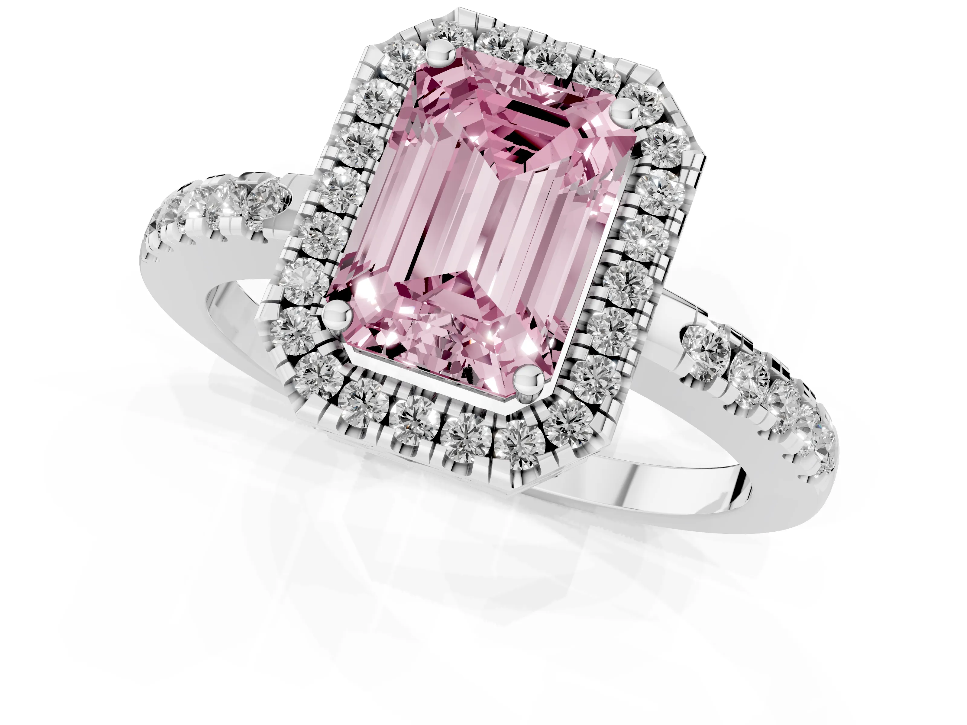 Fancy Pink Emerald Cut Diamond Pavé Band Halo Engagement Ring Set in Silver with Prong Setting