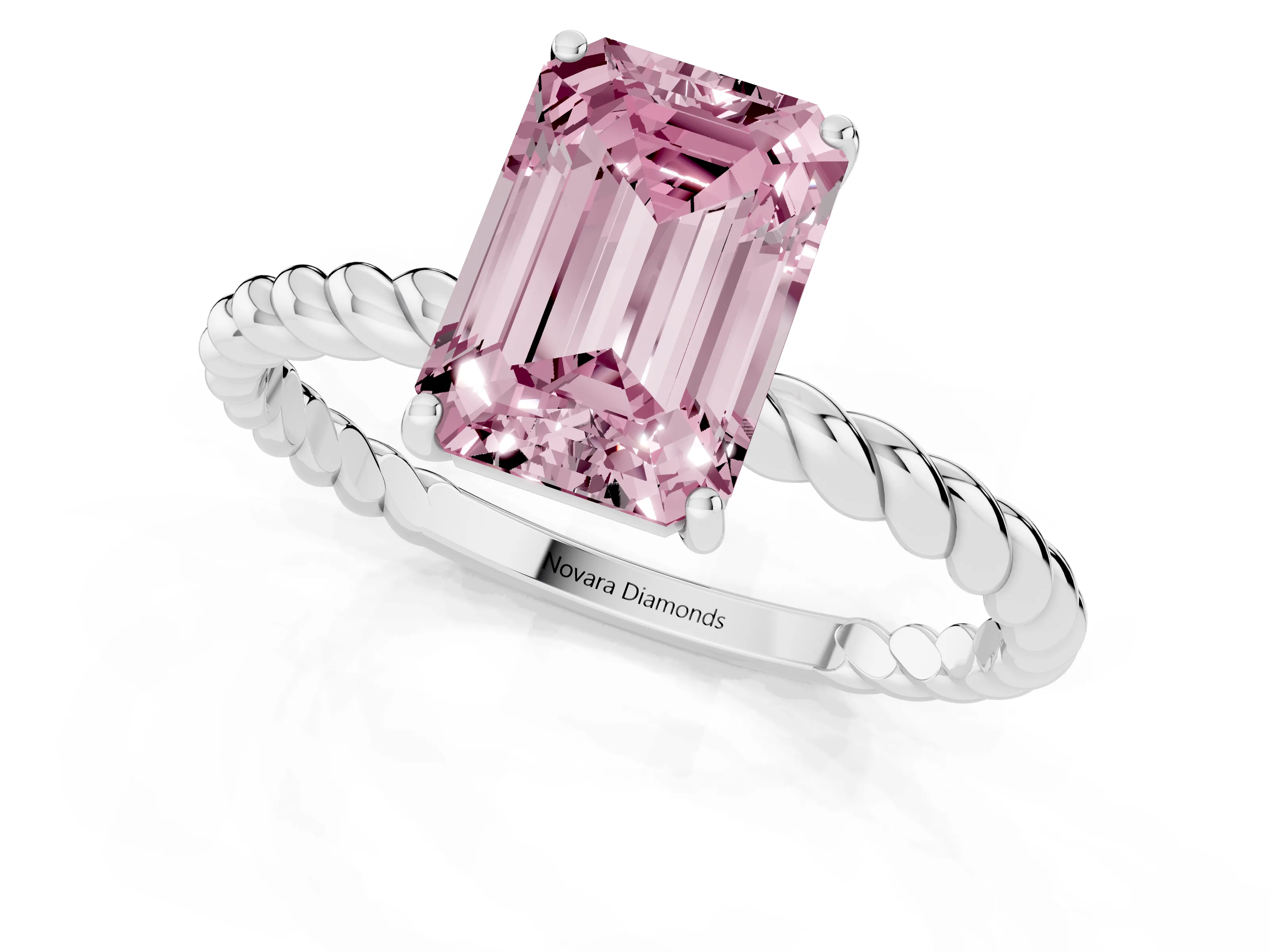 Fancy Pink Emerald Cut Diamond Solitaire Ring Set in White gold with Twist Band and Prong Setting