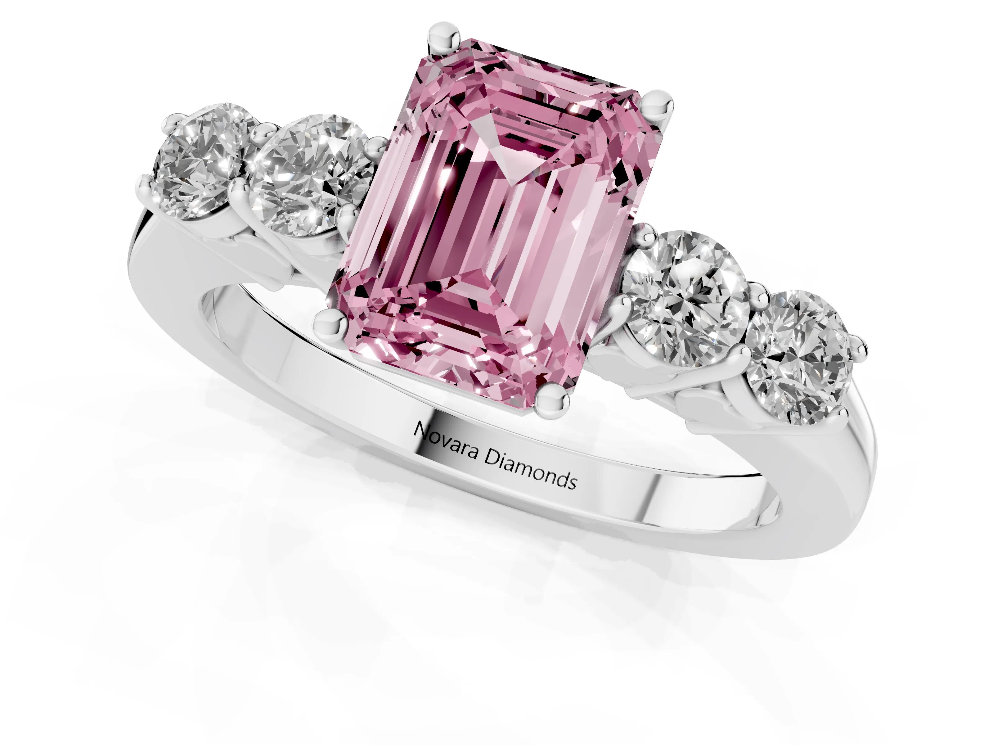 Fancy Pink Emerald Cut Diamond Five-Stone Prong Set Band Ring Set in Platinum with Polished Band