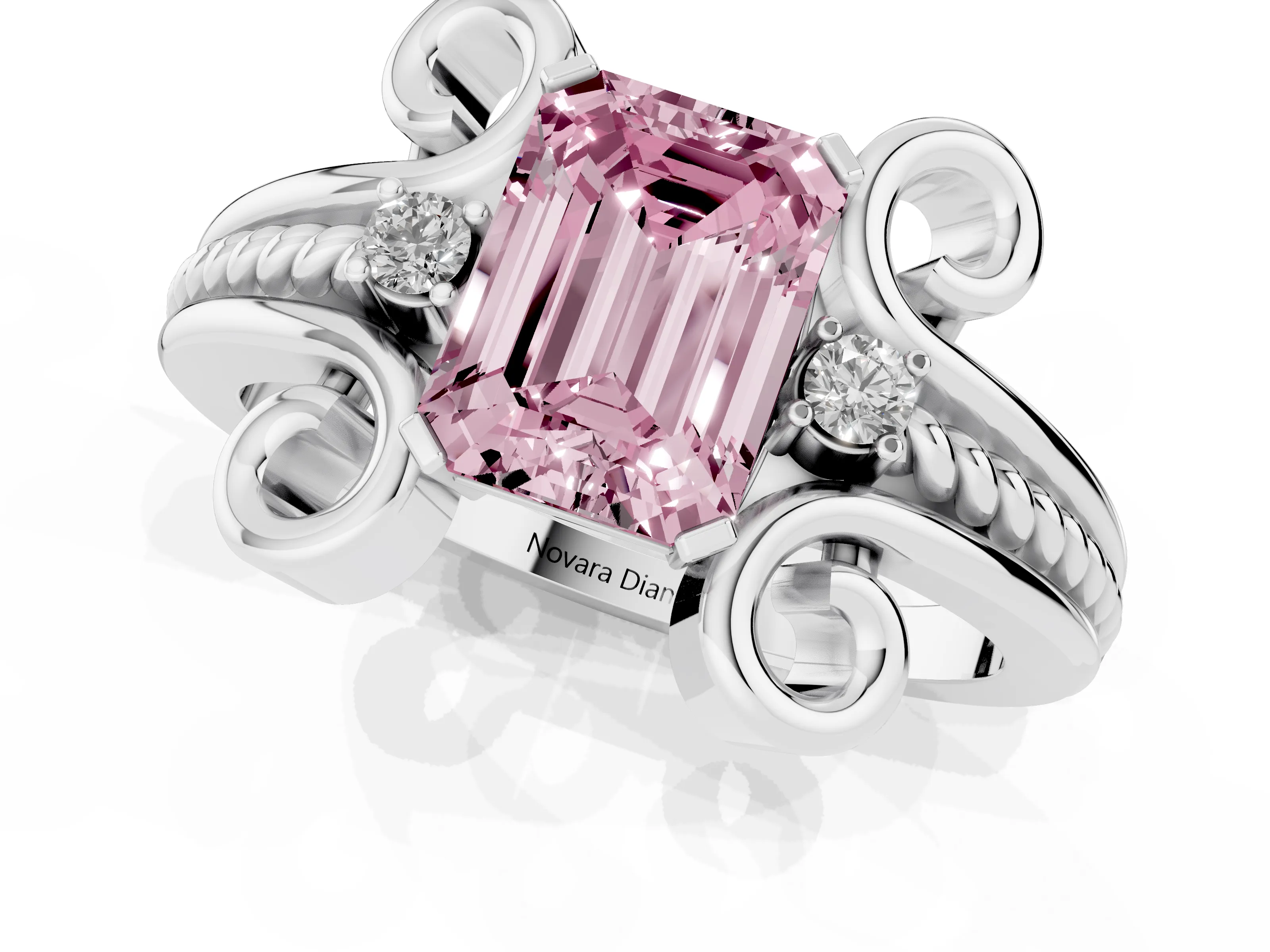 Fancy Pink Emerald Cut Diamond Twisted Band Solitaire Ring Set in Platinum with Scroll Prongs
