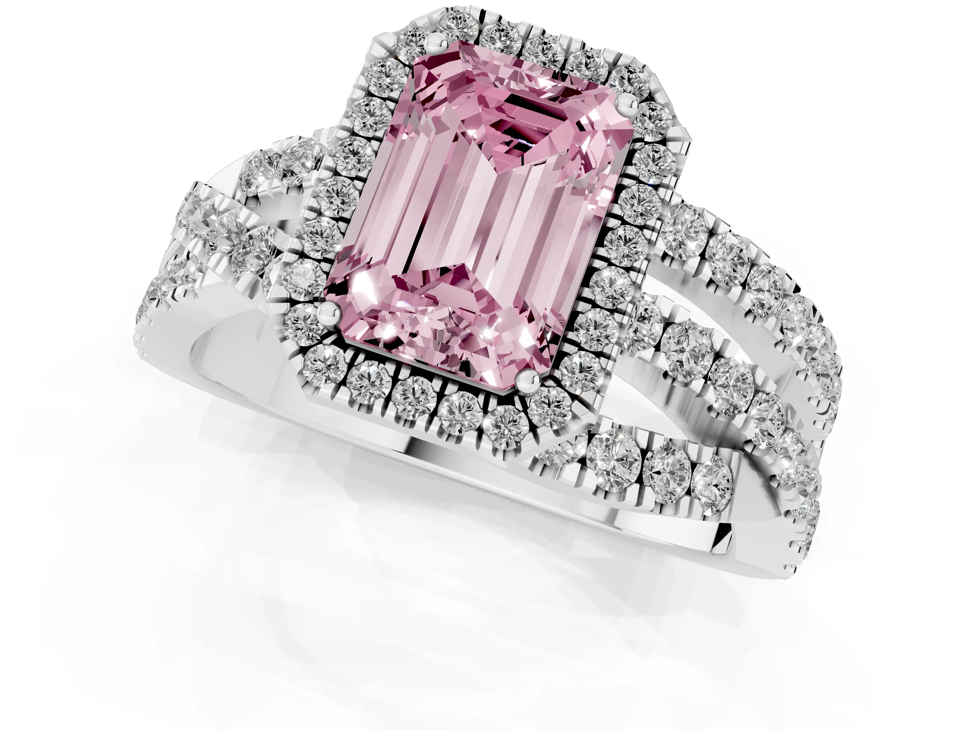 Fancy Pink Emerald Cut Diamond Halo Ring Set in Platinum with Round Crossover Split Shank and Prong Setting