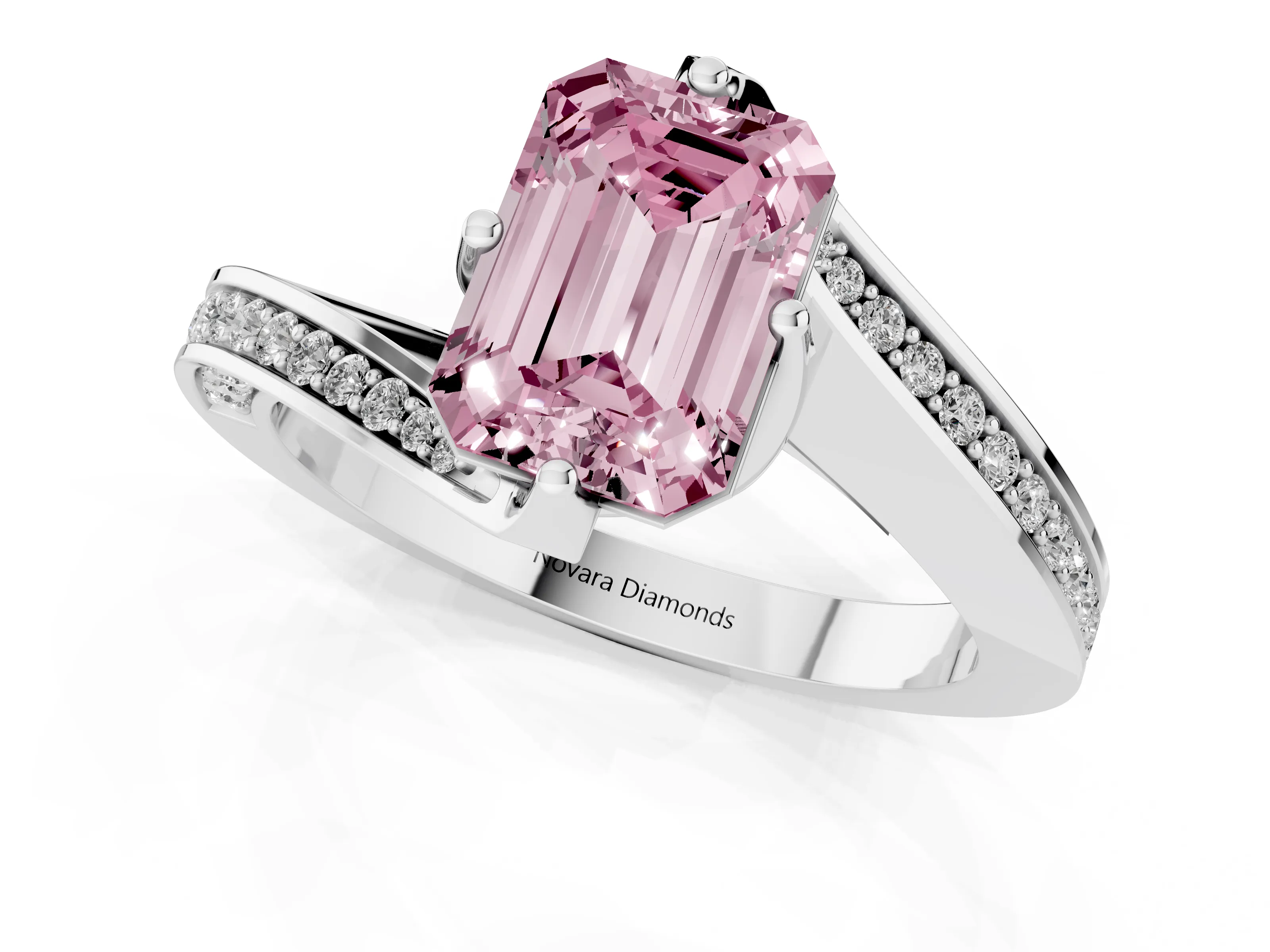 Fancy Pink Emerald Cut Diamond Solitaire Ring Set in Silver with Intertwined Pavé Twist Band