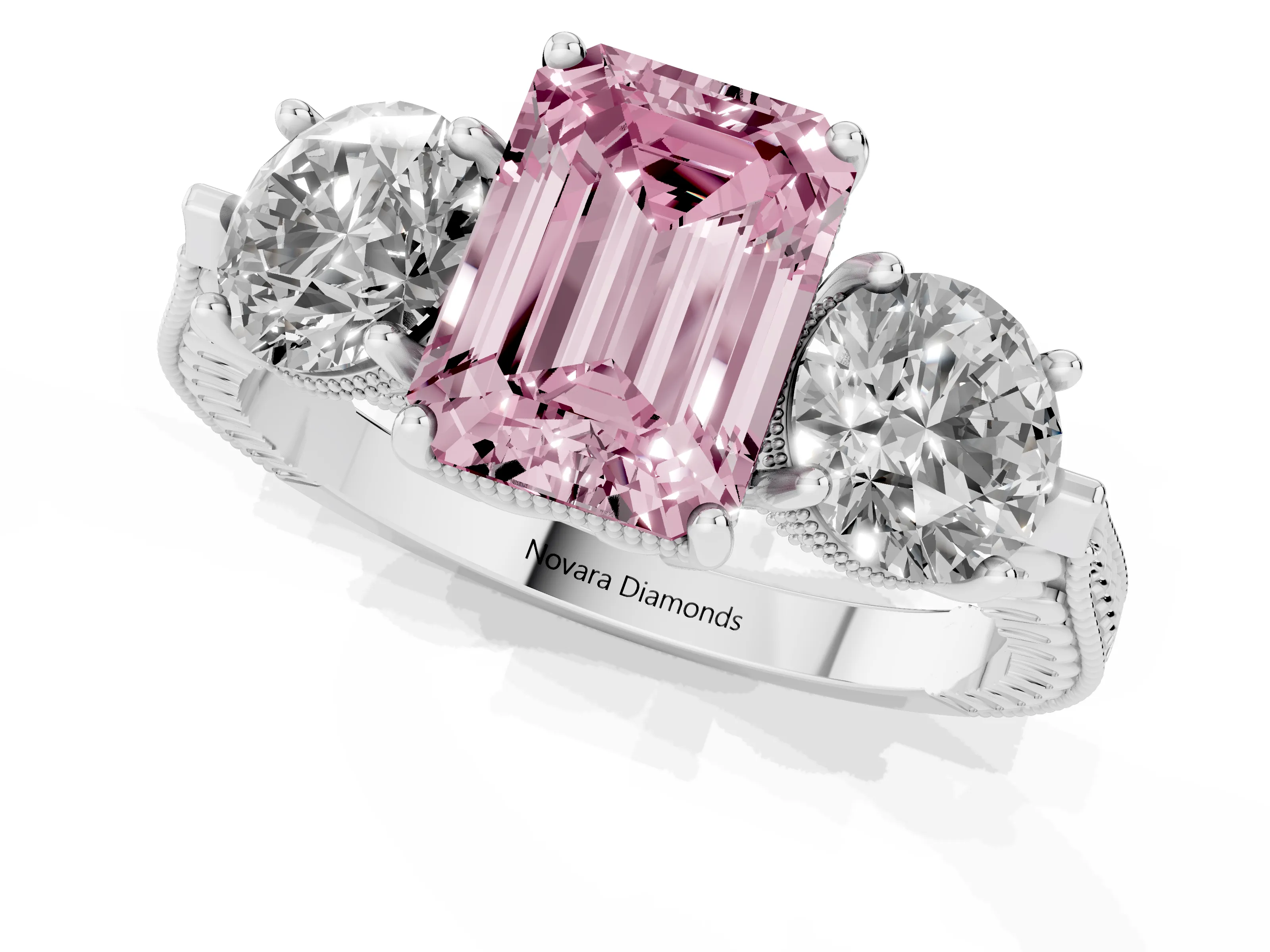 Fancy Pink Emerald Cut Diamond Three-Stone Ring Set in Silver with Milgrain Band