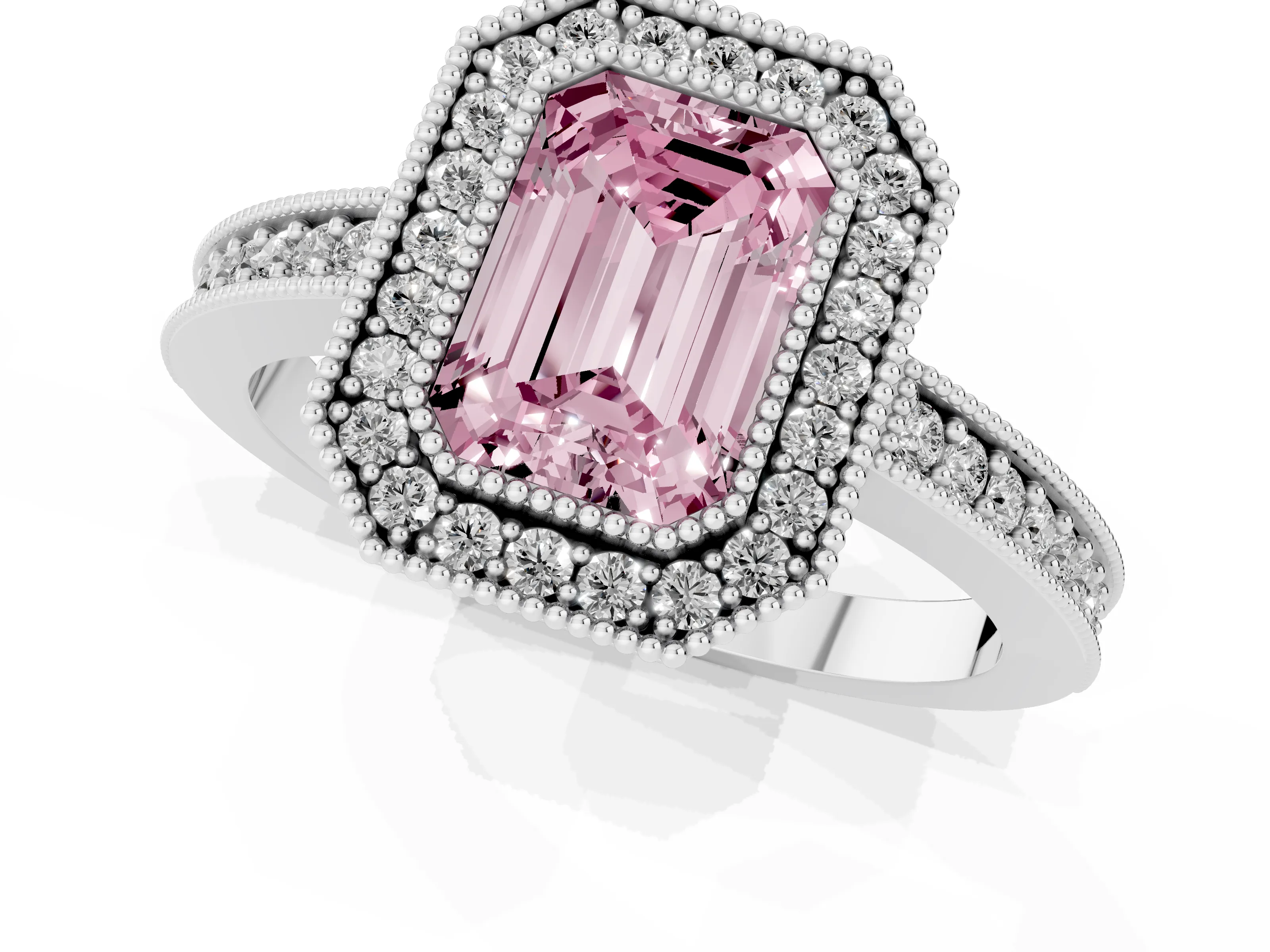 Fancy Pink Emerald Cut Diamond Halo Engagement Ring Set in White gold with Pavé Band and Round Halo Stones