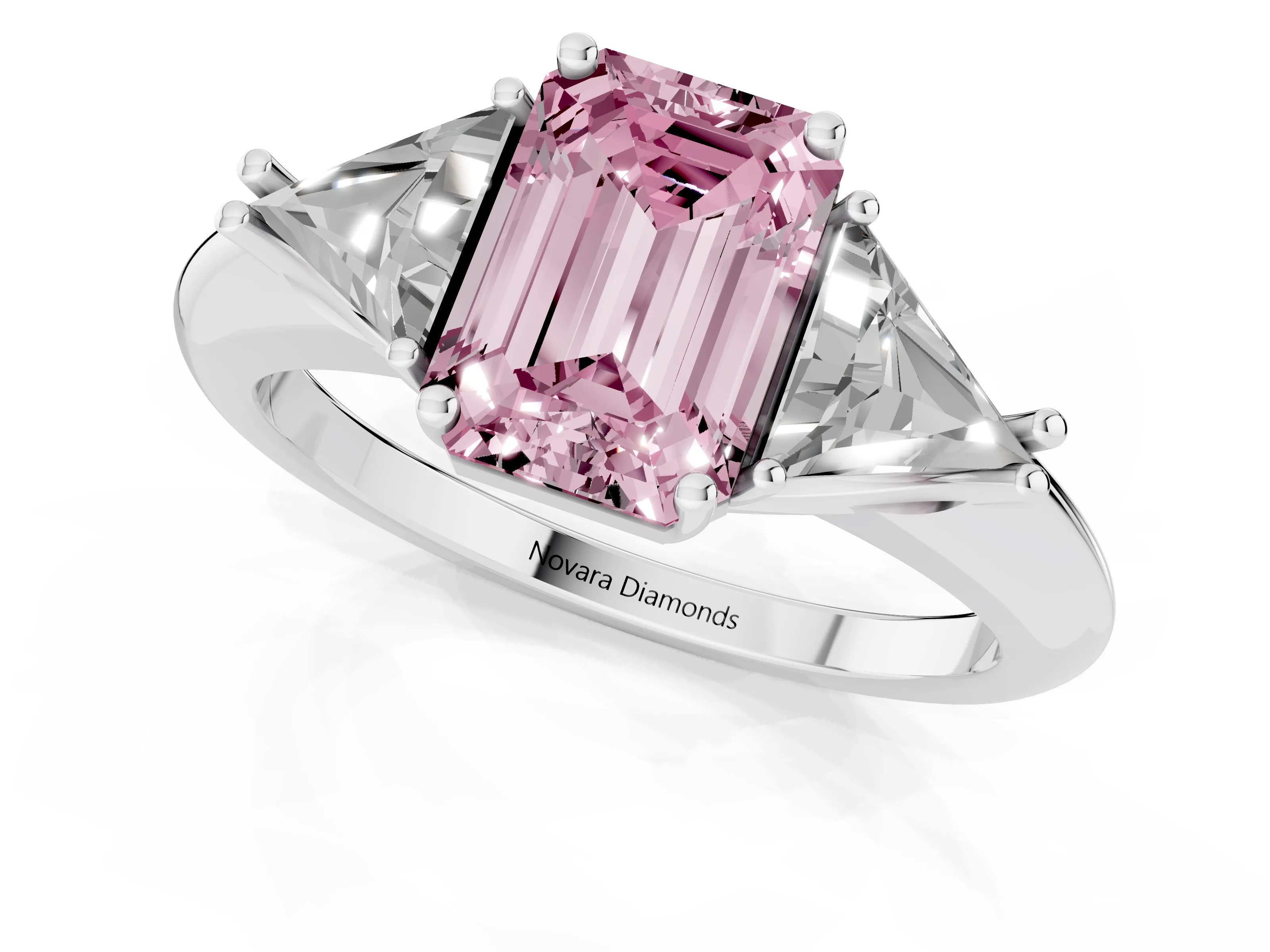 Fancy Pink Emerald Cut Diamond Three-Stone Engagement Ring Set in Silver with Trillion Side Stones