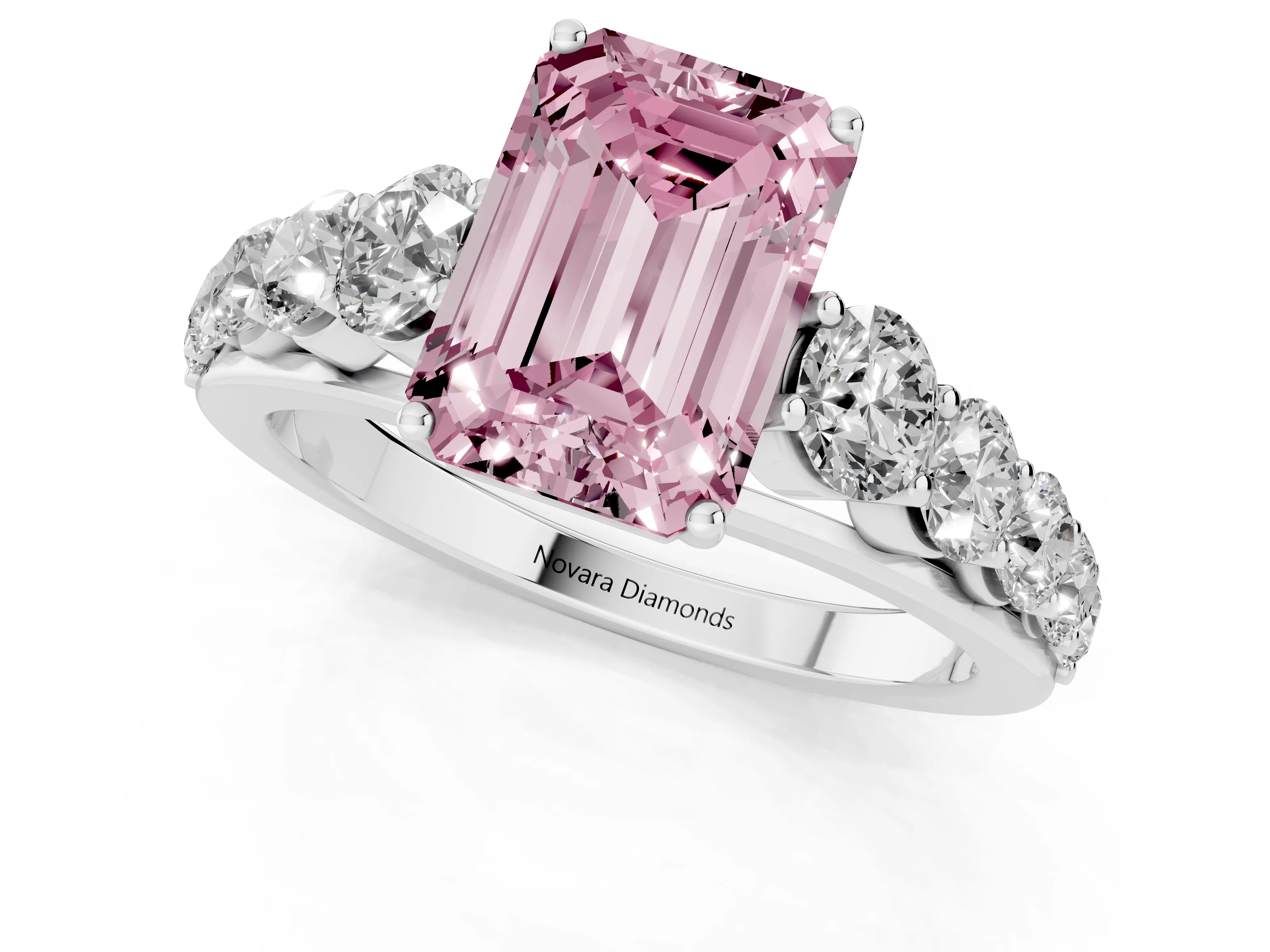 Fancy Pink Emerald Cut Diamond Solitaire Ring Set in White gold with Pavé-Set Band and Prong Setting