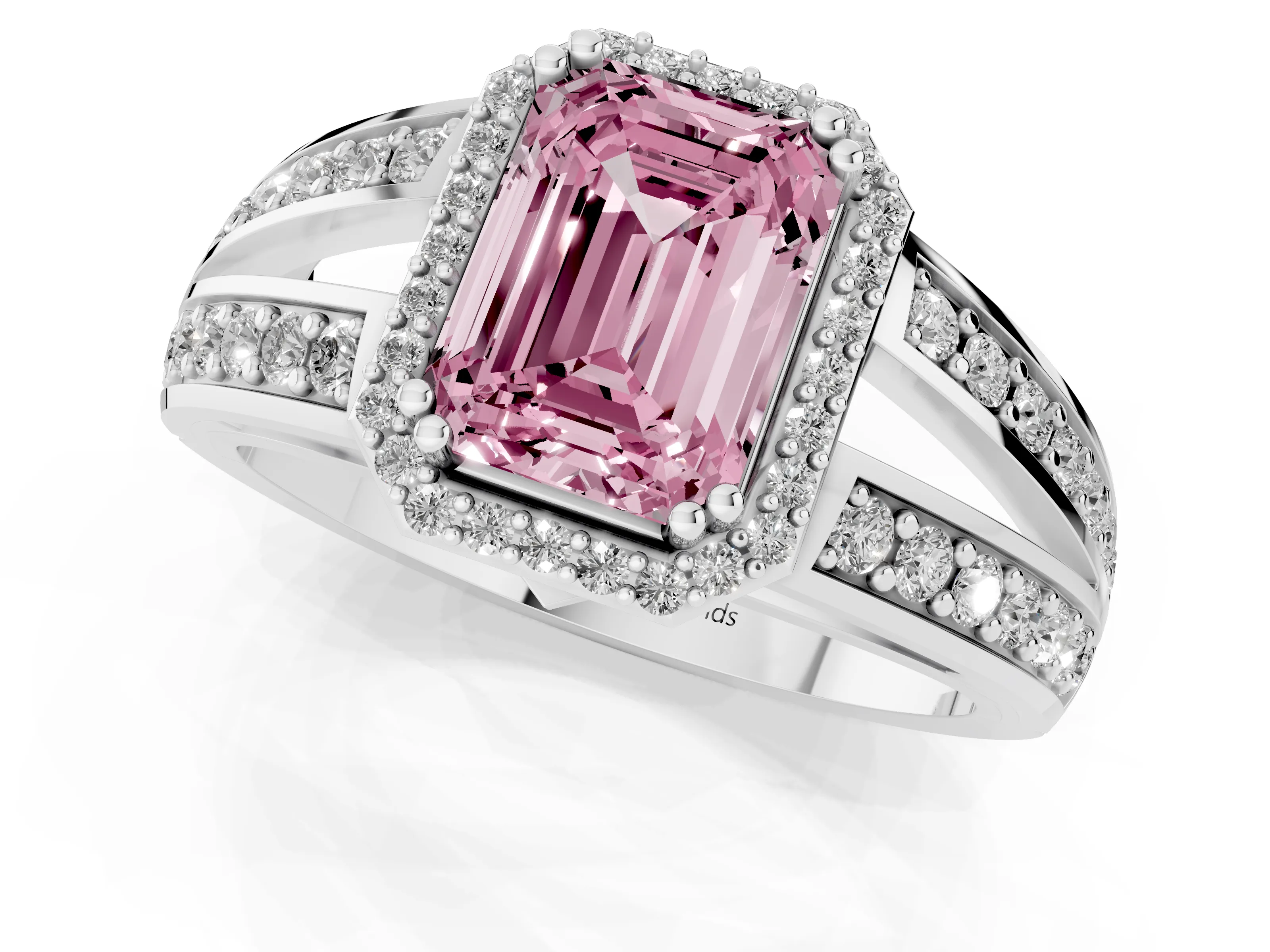 Fancy Pink Emerald Cut Diamond Halo Ring Set in White gold with Double Pavé Split Shank