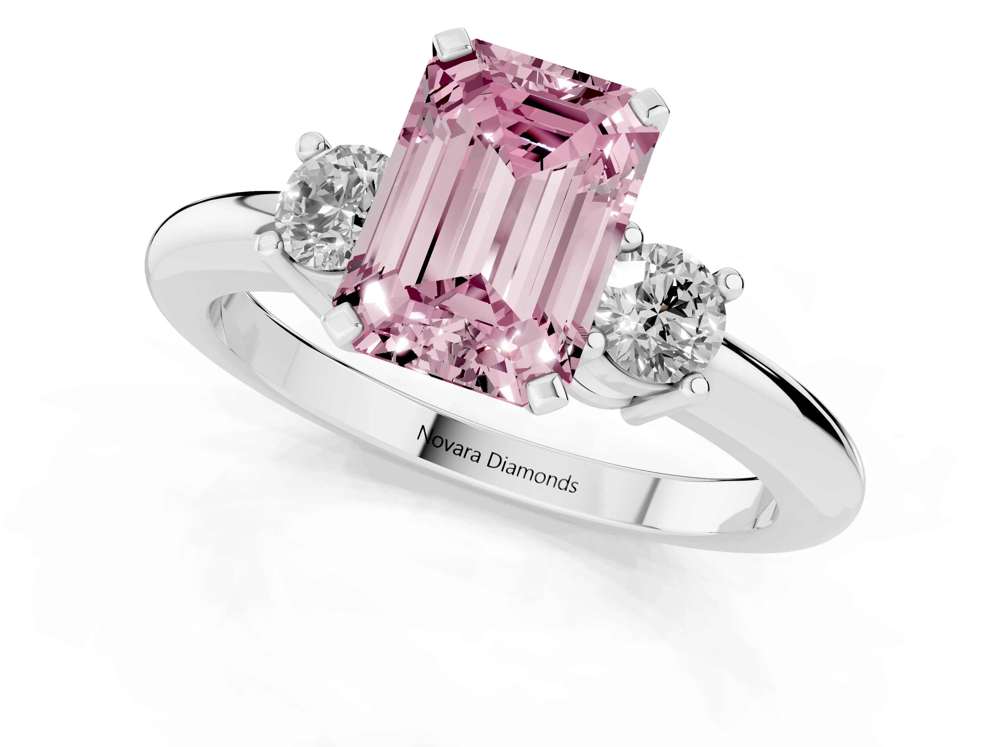 Fancy Pink Three-Stone Emerald Cut Diamond Ring Set in Silver with Prong Setting and Plain Band