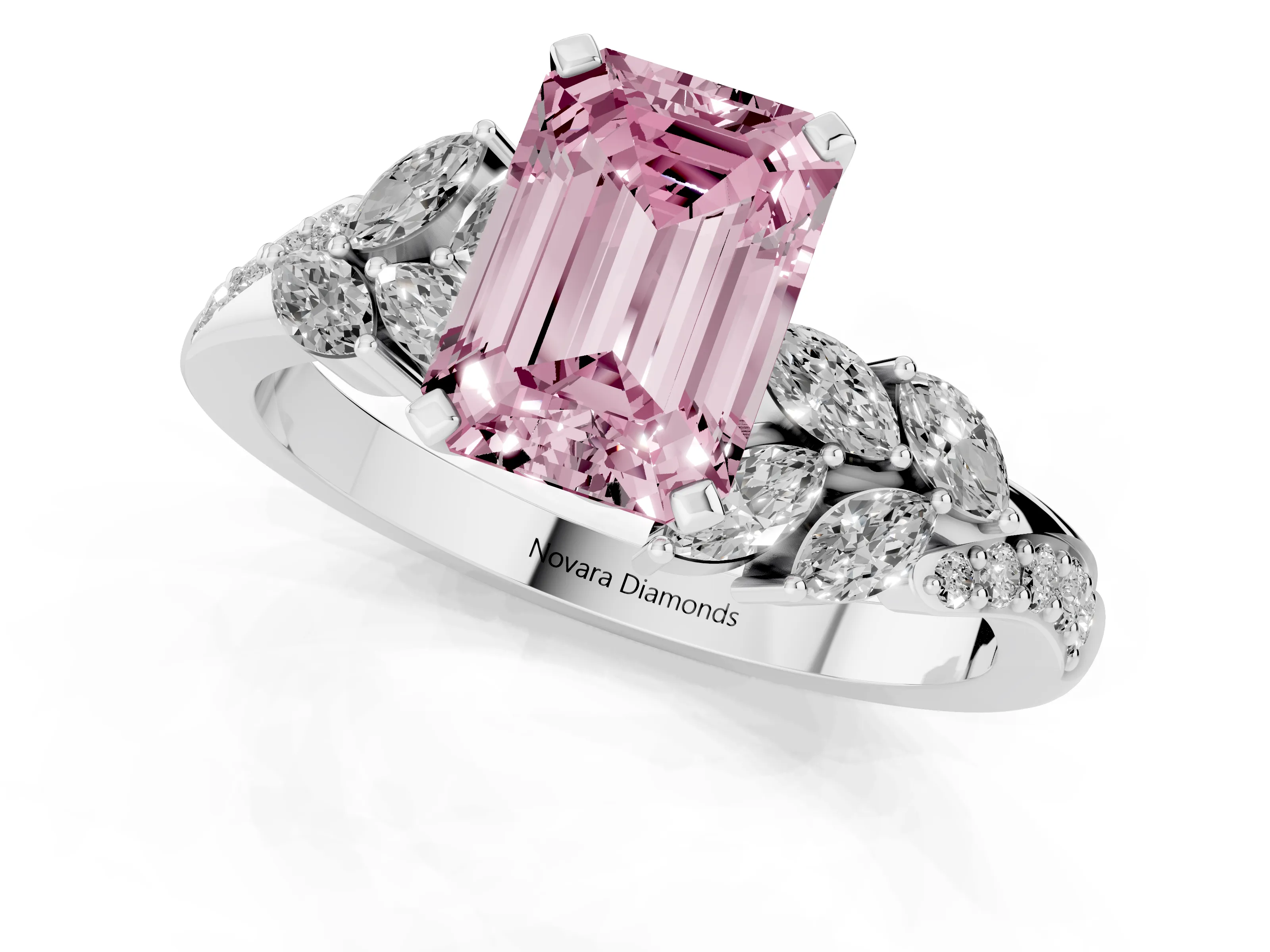 Fancy Pink Emerald Cut Diamond Solitaire Ring Set in Silver with Marquise Twist Band and Prong Setting